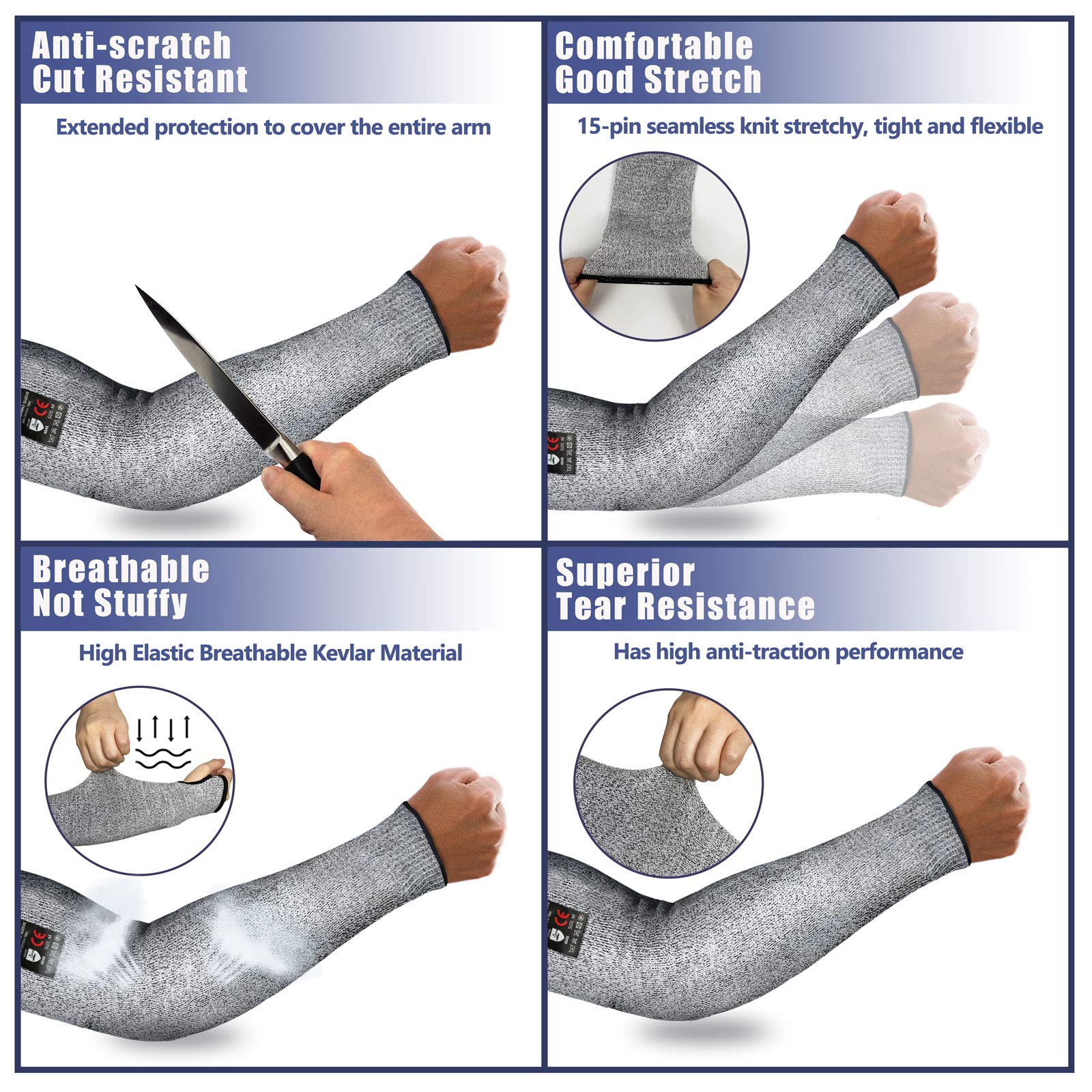 [1 Pair] Cut Resistant Sleeves for Work Protection Safety in EN388 Level 5