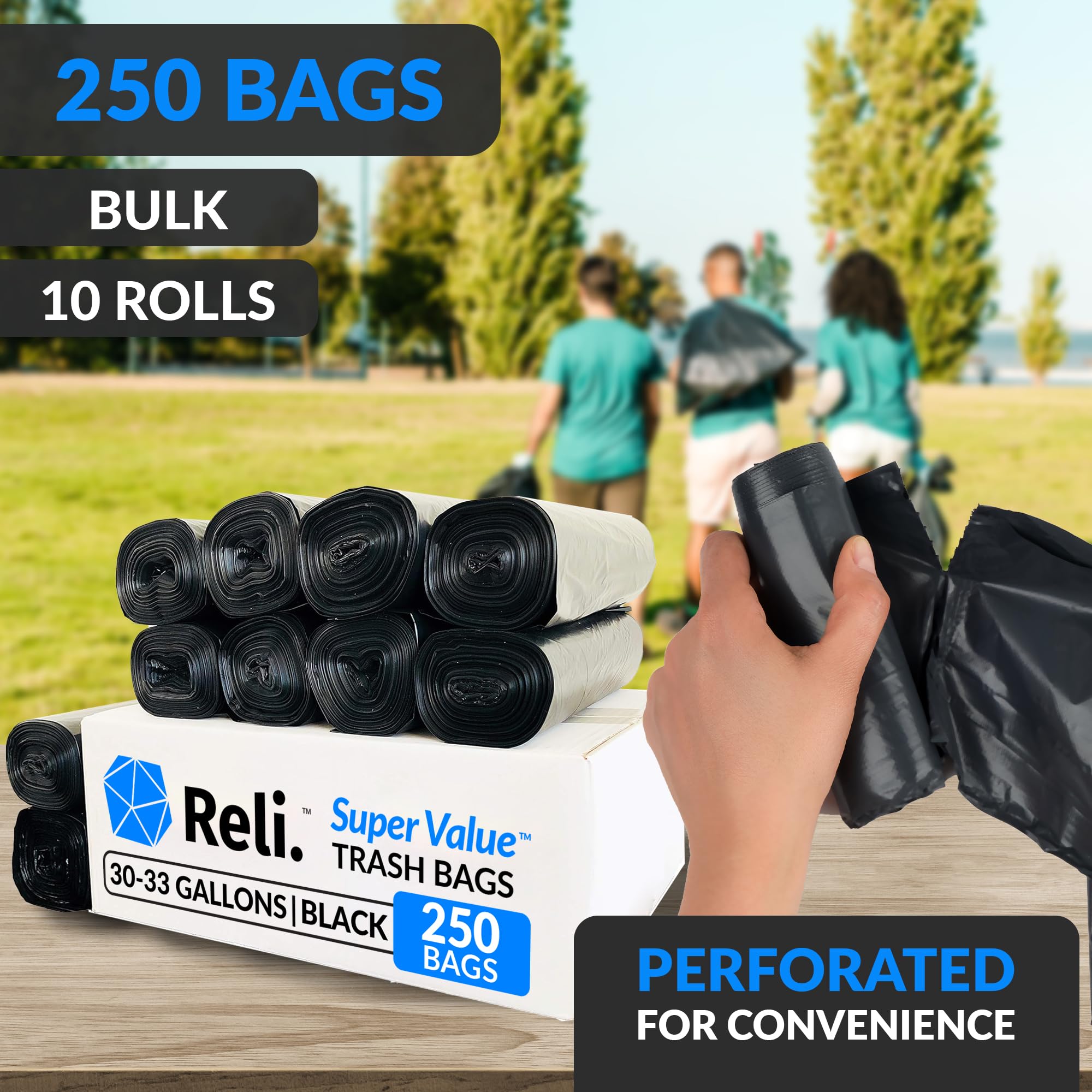 Reli. 30-33 Gallon Trash Bags Heavy Duty | 250 Bags Bulk | Black Large Trash Bags 30+, 32 Gallon | Made in USA