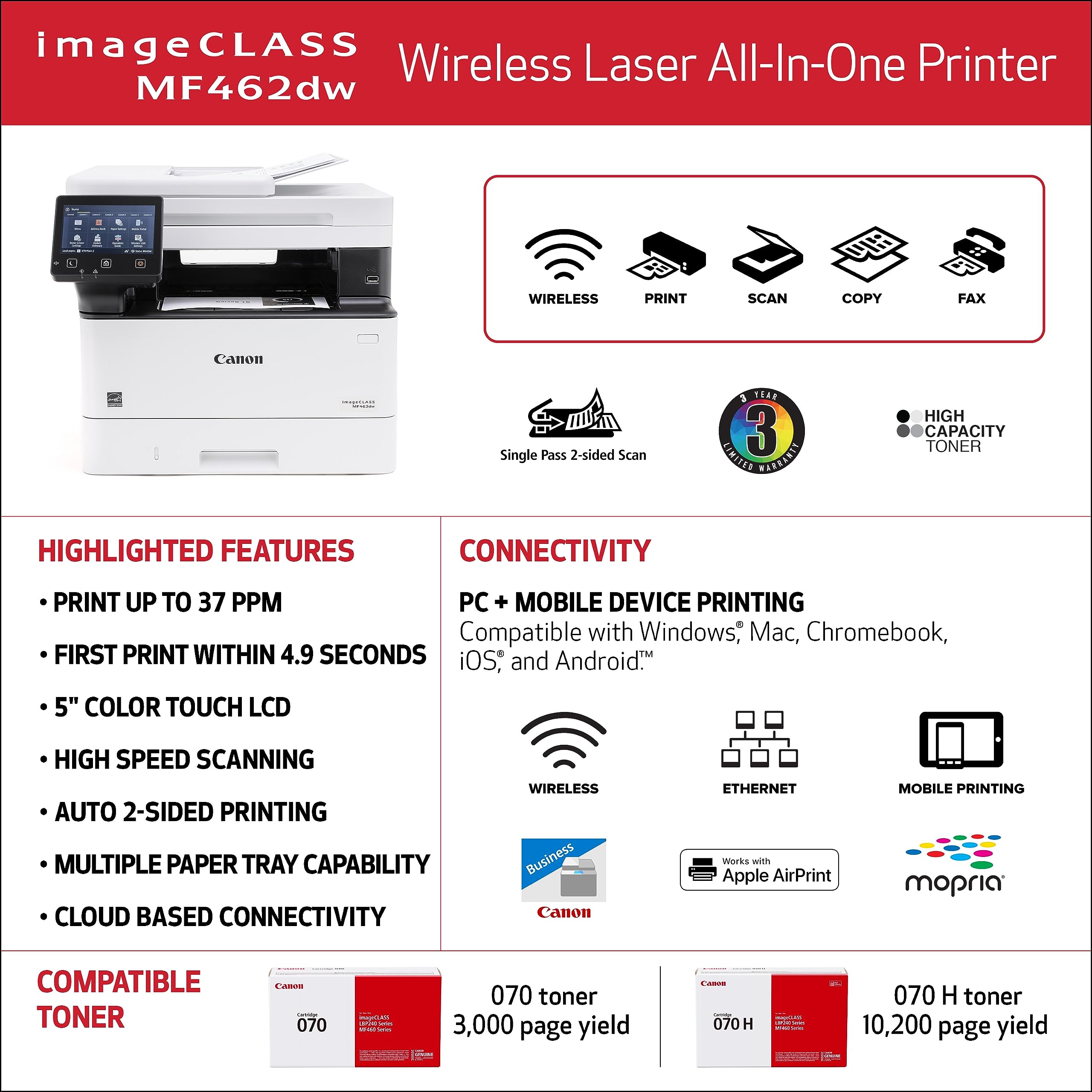 Canon imageCLASS MF462dw All in One Wireless Monochrome Laser Printer, Print, Scan, Copy & Fax, Duplex Printing