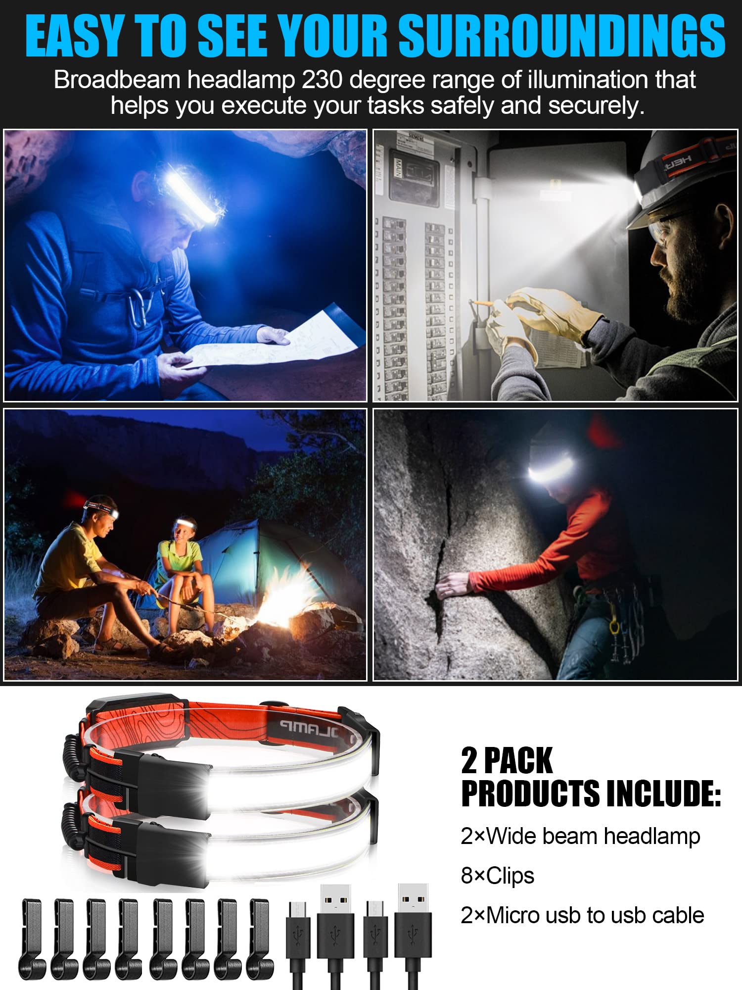 [1 / 2 / 4 Packs] LED Headlamp Flashlight, 1000 lumens 230° USB Rechargeable Head Lamp
