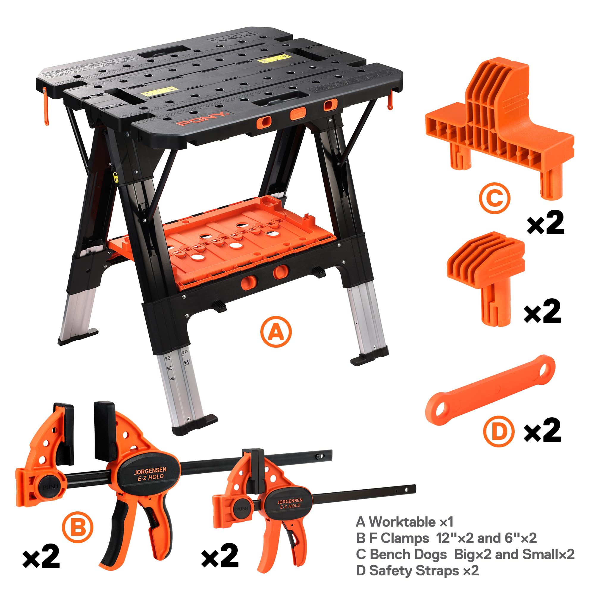 Portable Folding Work Table, 31” W×25” D×25”-32”H, with 4pcs Clamps, 4pcs Bench Dogs, 2pcs Safety Straps