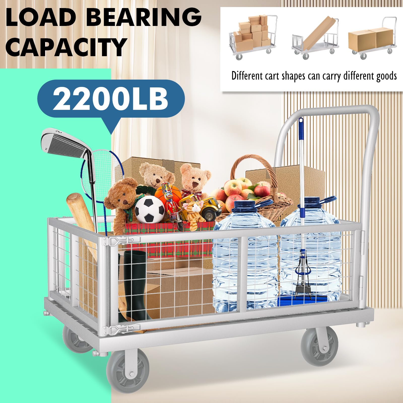 Platform Truck Cart with Cage 4-in-1 Push Cart Dolly Load 1800LBS W/Swivel Casters (39" x24")