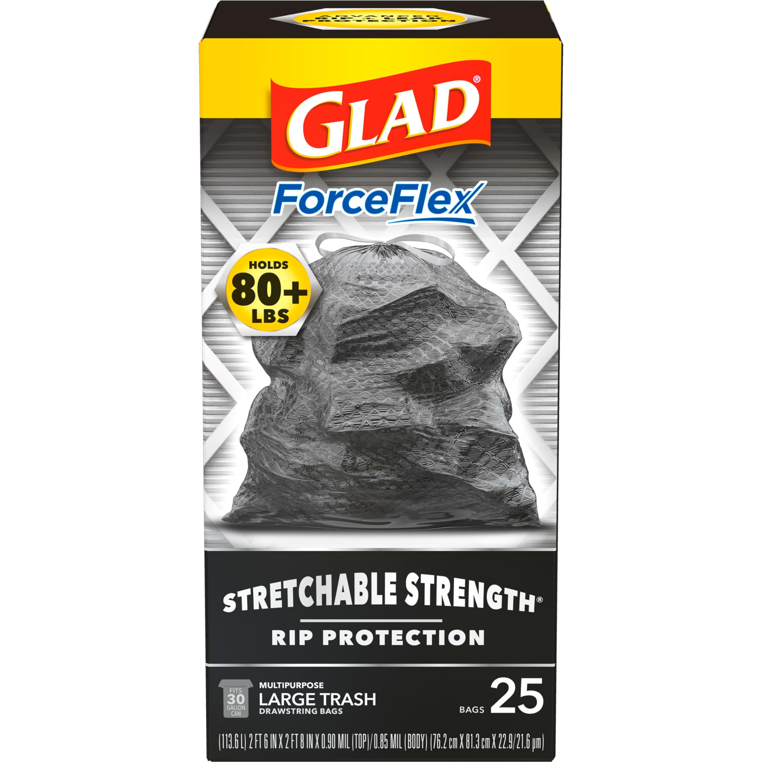 Glad Large Drawstring Trash Bags, ForceFlex 30 Gallon Black Trash Bags, 25/50/68 Count