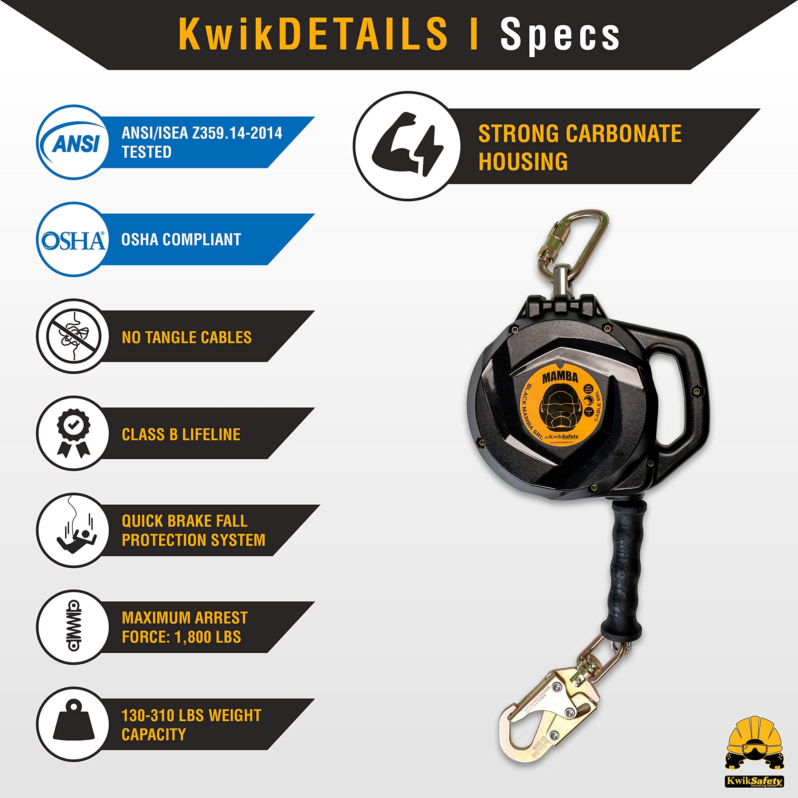 [20FT / 33FT] Self Retracting Lifeline Class B Cable SRL ANSI OSHA