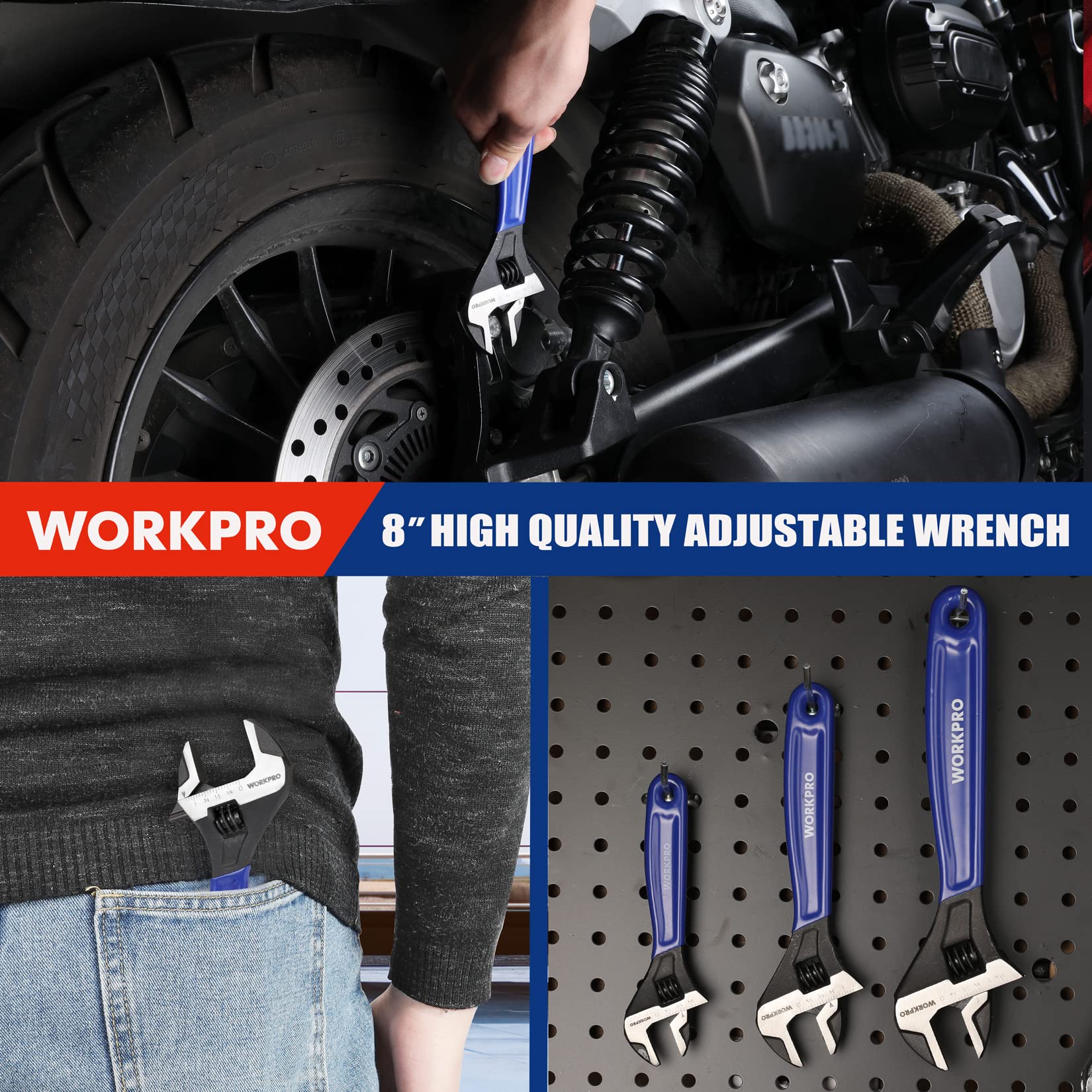 6/8/10 Inch Adjustable Wrench, Cr-V Steel Wrench, Wide Jaw Black Oxide Wrench, Metric & SAE Scales, for Home, Garage, Workshop and DIY