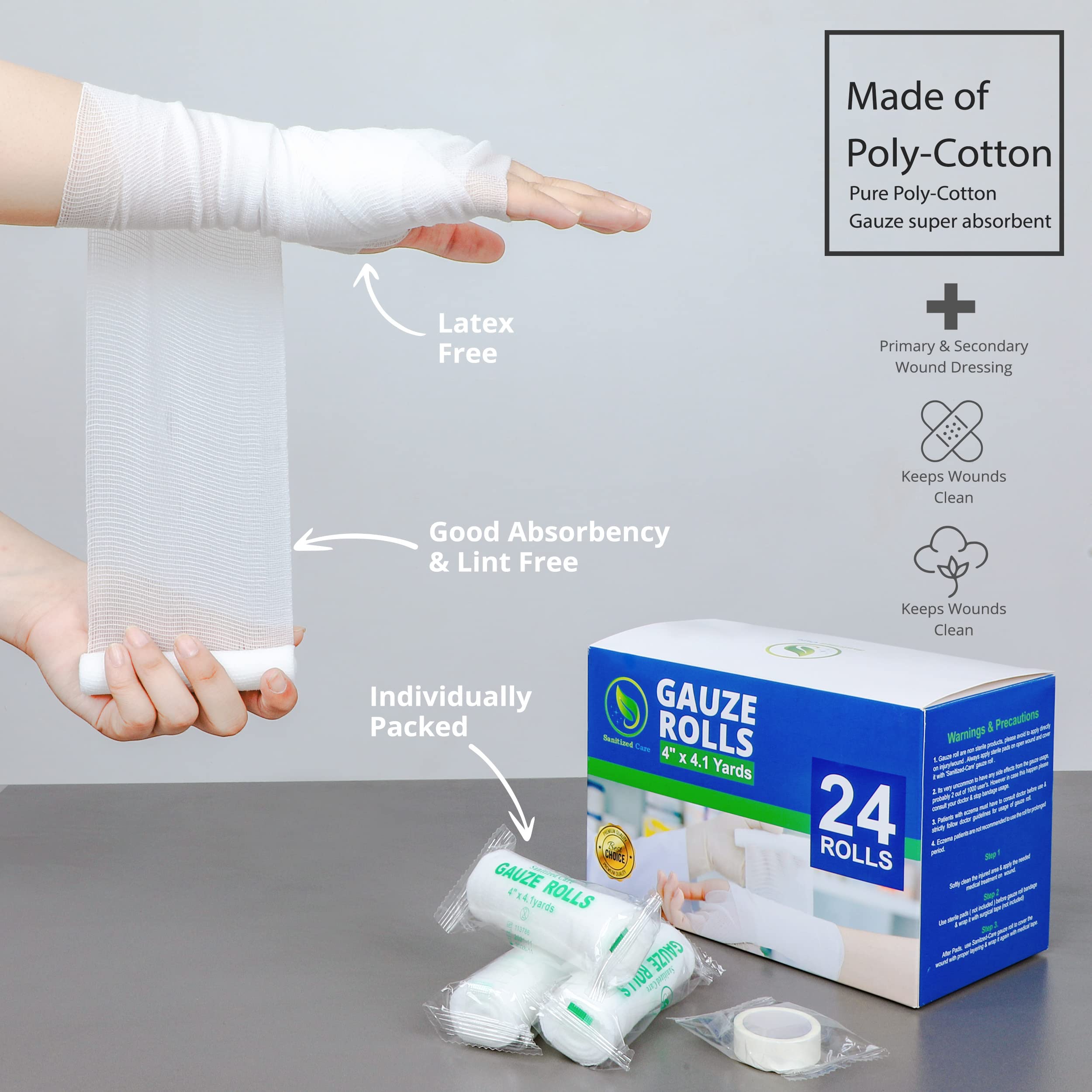 [24 Pack] Premium Gauze Rolls - 4" x 4.1 Yards Individually Wrapped, First Aid conforming bandages + Bonus Medical Tape