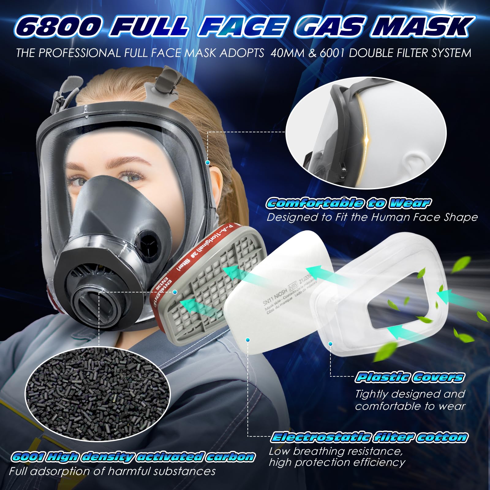 [1 PC] Full Face Gas Mask with 40mm & 6001 Activated Carbon Filter