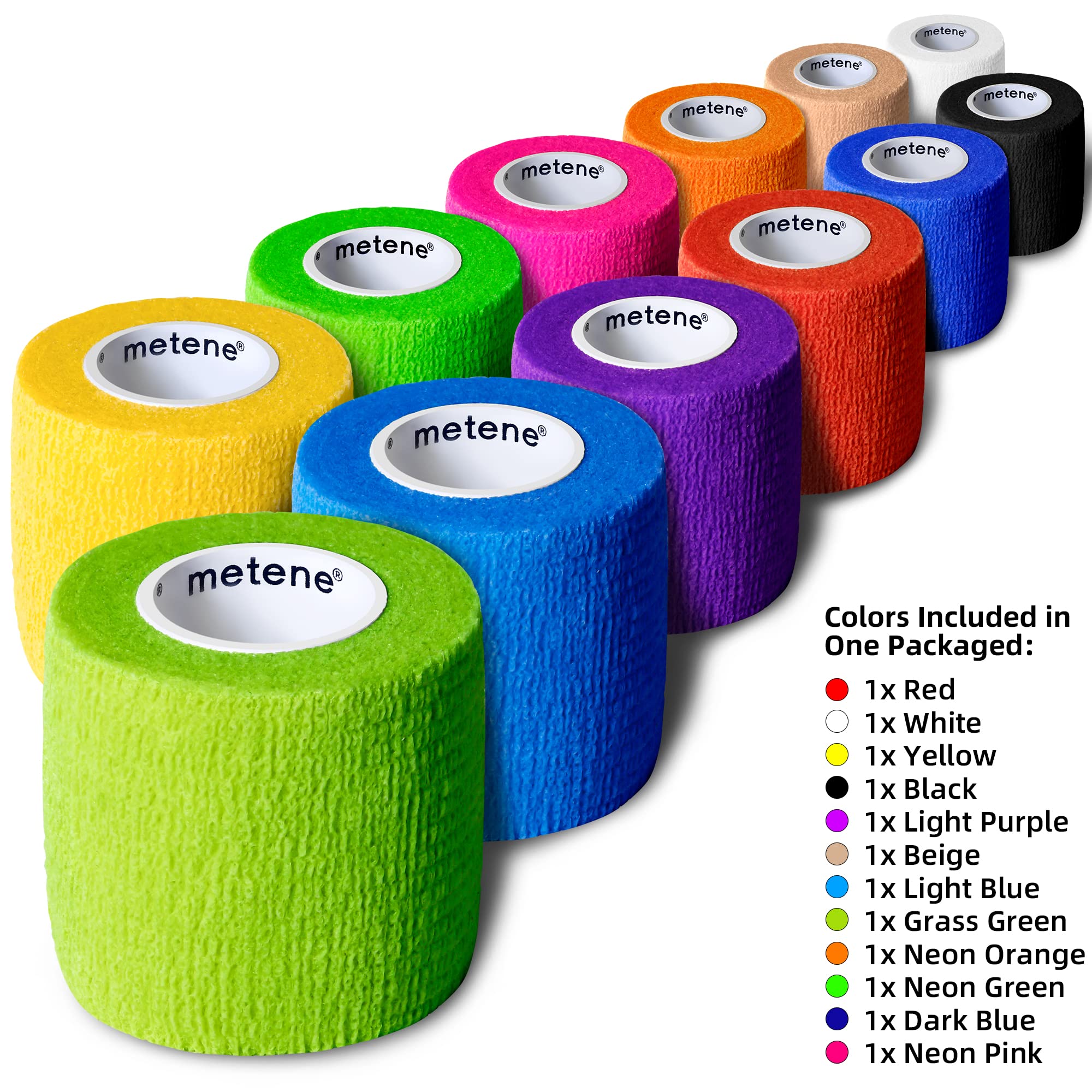 [12 Pack] Metene Self Adhesive Bandage Wrap, Athletic Tape 2 Inches X 5 Yards