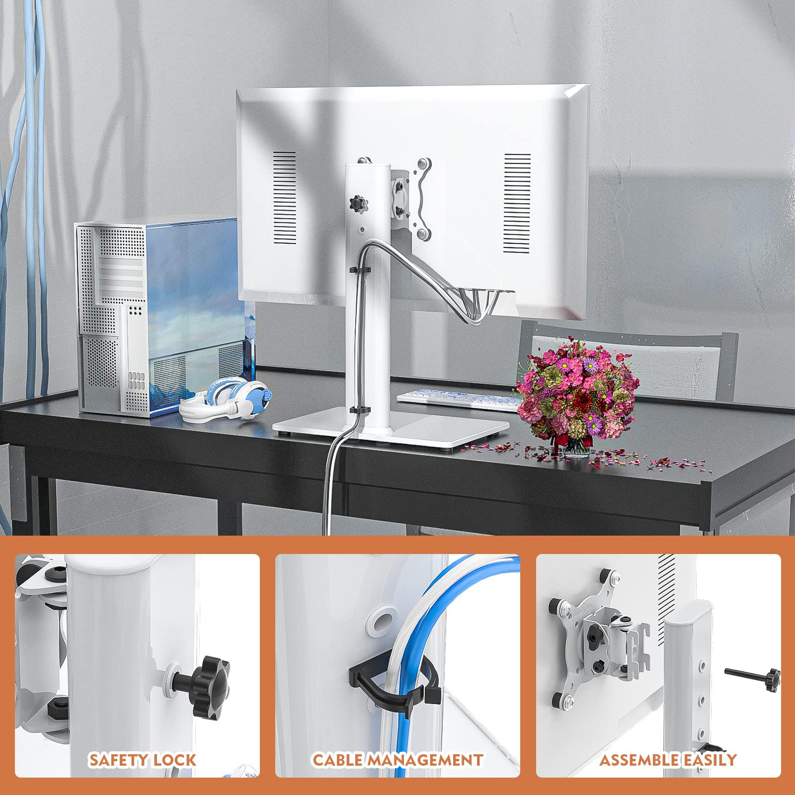 [1 PC] Single Computer Monitor Mounts, Freestanding Riser with Height Adjustable