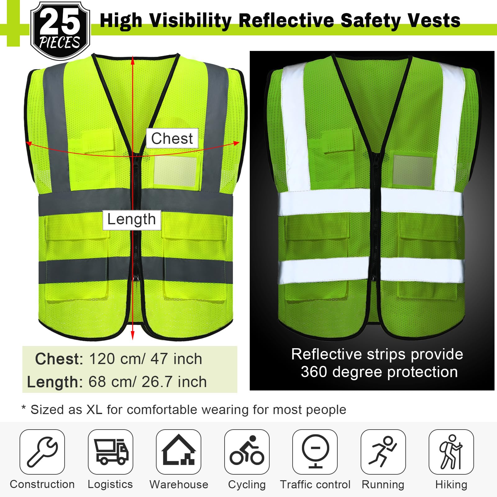 [15 /25 / 40 Packs] High Visibility Safety Vests with Pockets and Zipper