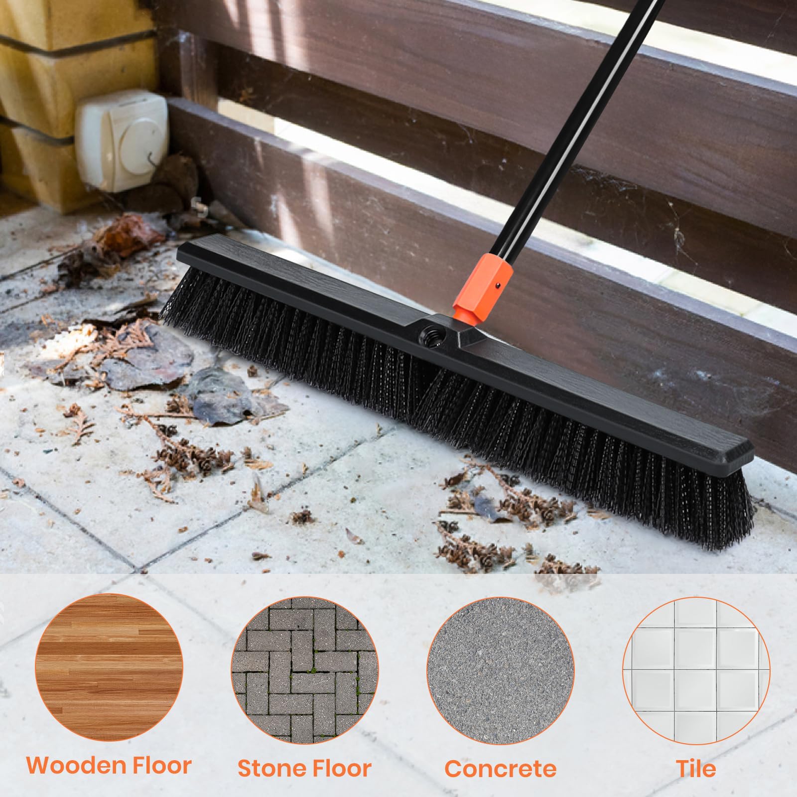 24 Inches Push Broom Outdoor Heavy Duty Floor Scrub Brush with Long Handle