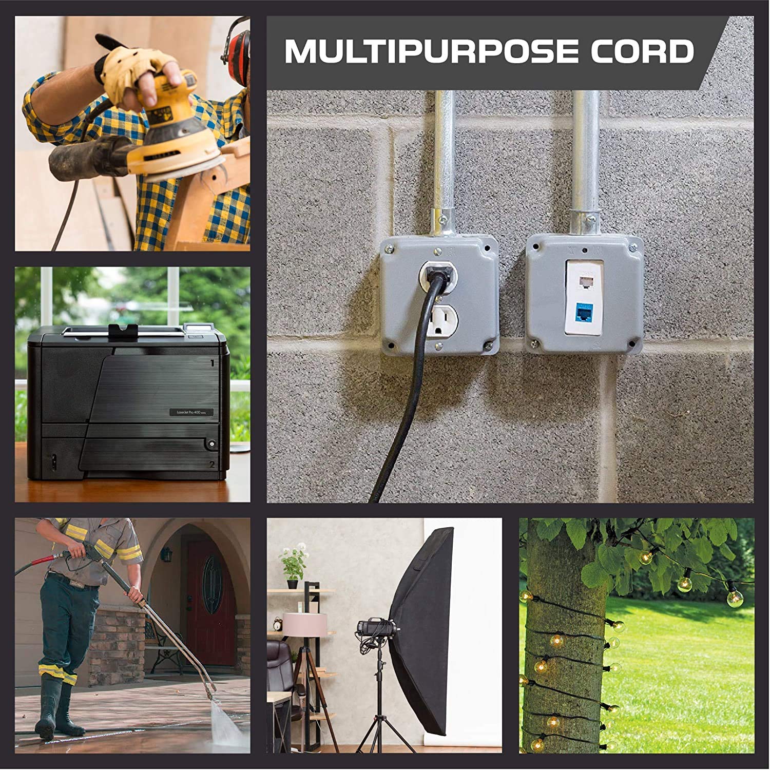 Weatherproof Outdoor Extension Cord, 16/3 SJTW Heavy Duty Black Extension Cord 3 Prong, 13 Amp Exterior Power Cable