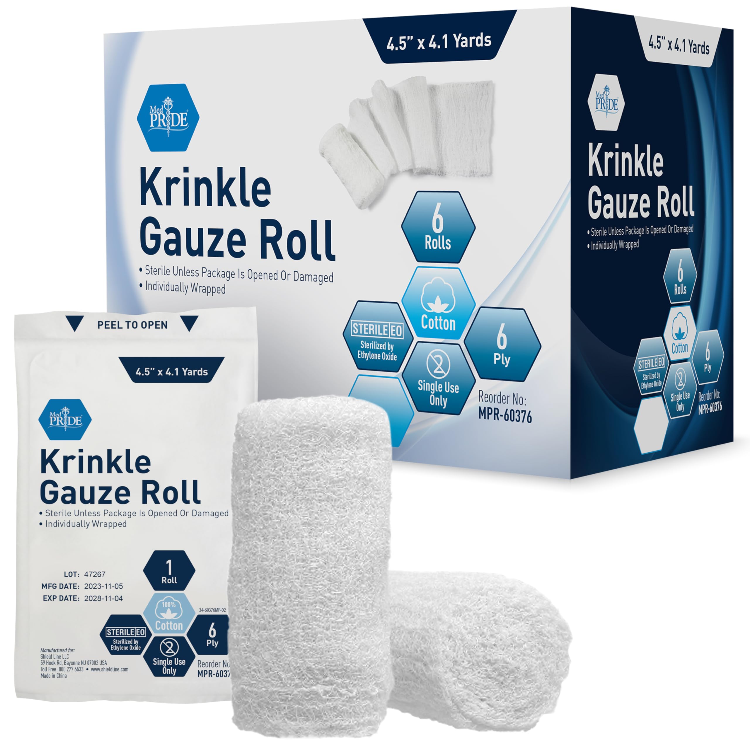 Sterile Krinkle Gauze [6 or 12 Rolls]- 4.5'' x 4.1 Yards Rolls - Cotton Wound Dressing Sterile Wraps