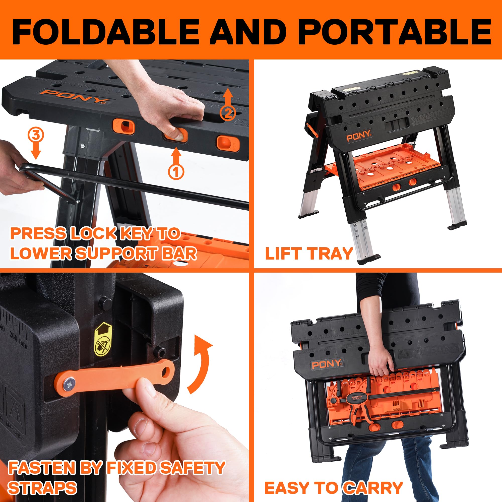 Portable Folding Work Table, 31” W×25” D×25”-32”H, with 4pcs Clamps, 4pcs Bench Dogs, 2pcs Safety Straps