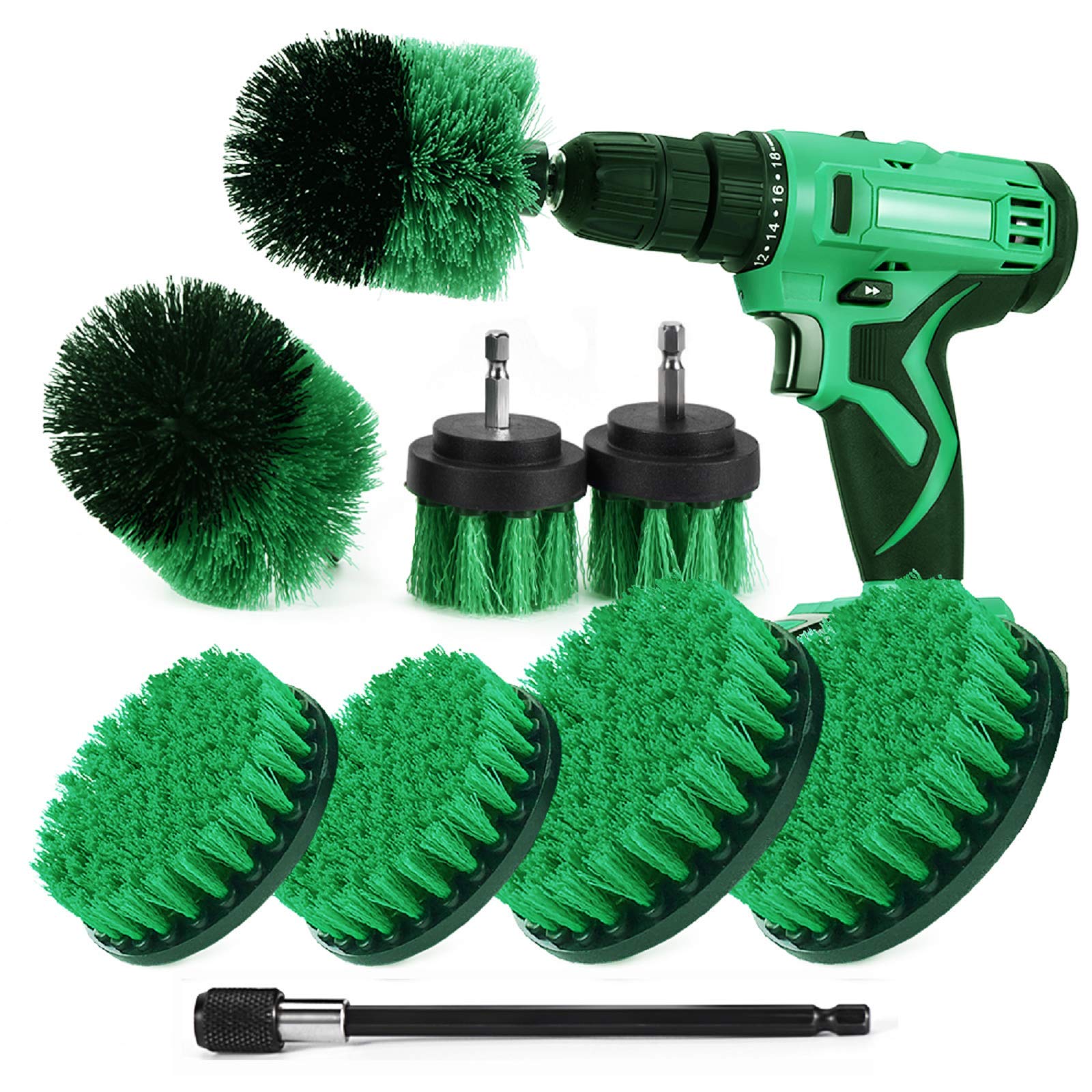 4-Piece Cleaning Brush Set - 2-In, 3.5-In, 4-In, 5-Ih Round Flat Brushes and 6-In Extended Reach Attachment for Drill