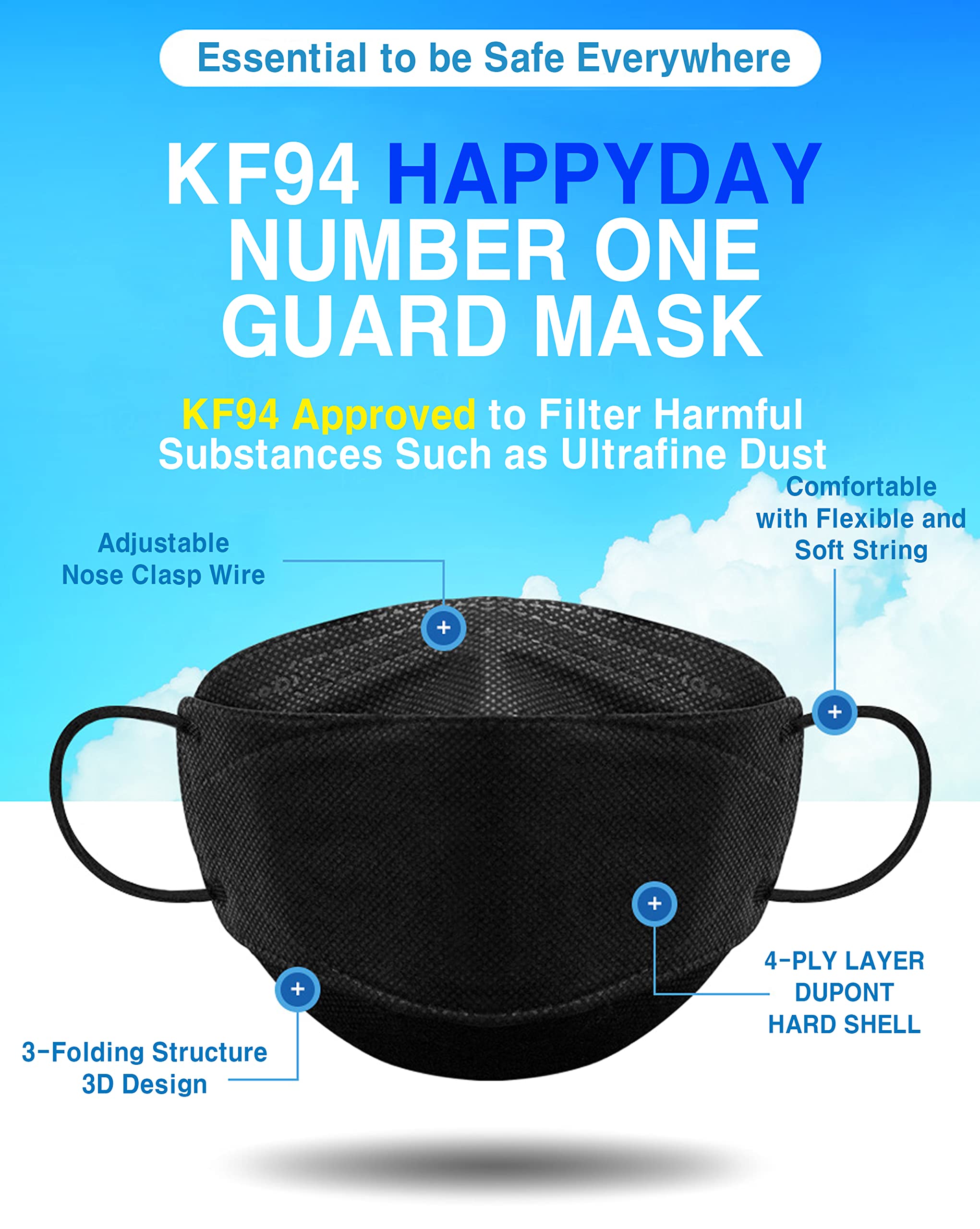 [25 Packs] Made in KOREA Premium KF94 Micro Dust Protection, Individually Packaged Black Face Mask, Large