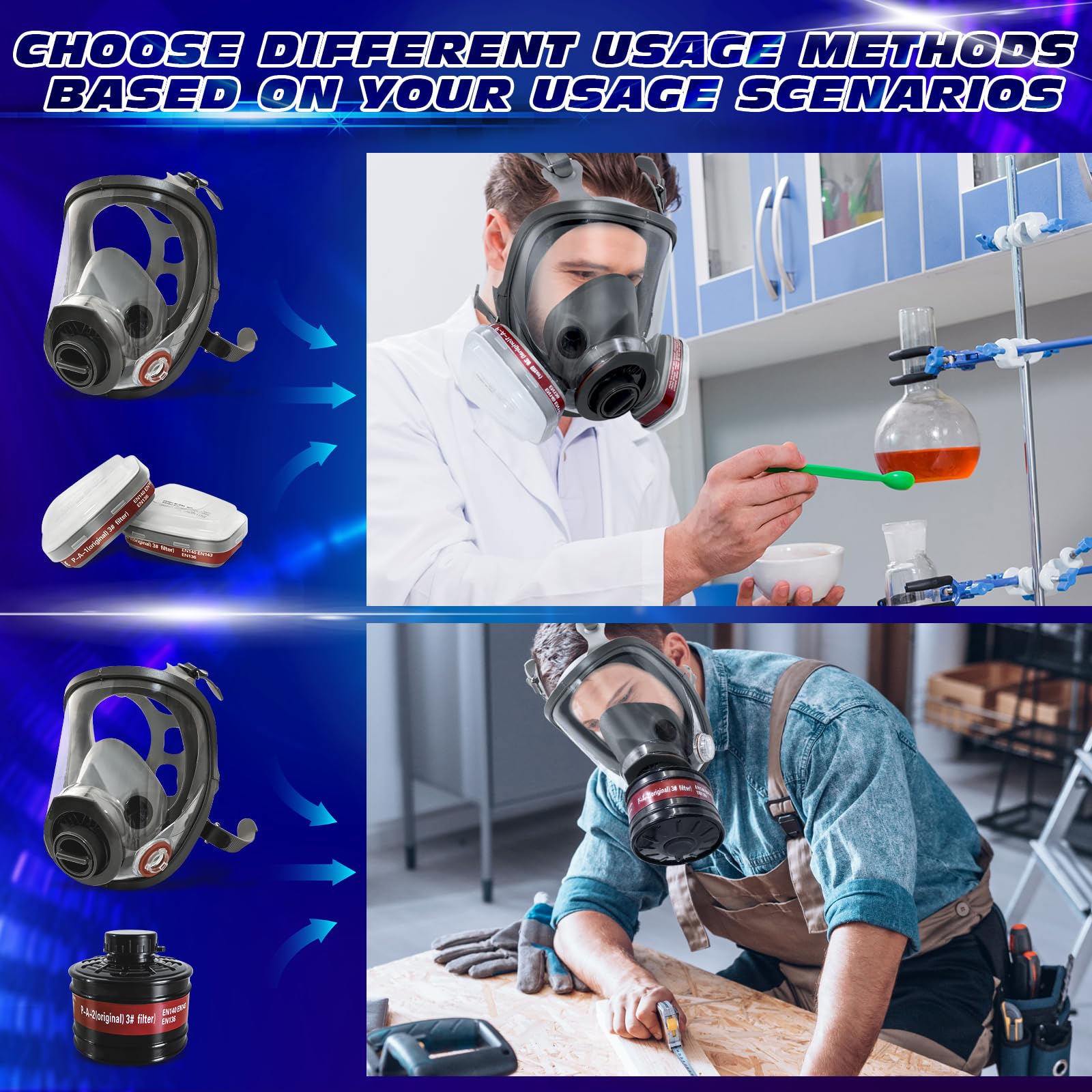 [1 PC] Full Face Gas Mask with 40mm & 6001 Activated Carbon Filter
