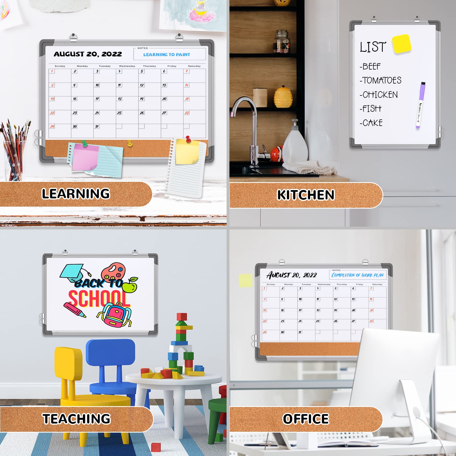 [1 Set] Double-Sided Monthly Calendar Whiteboard with Cork Strip, 17" x 13"