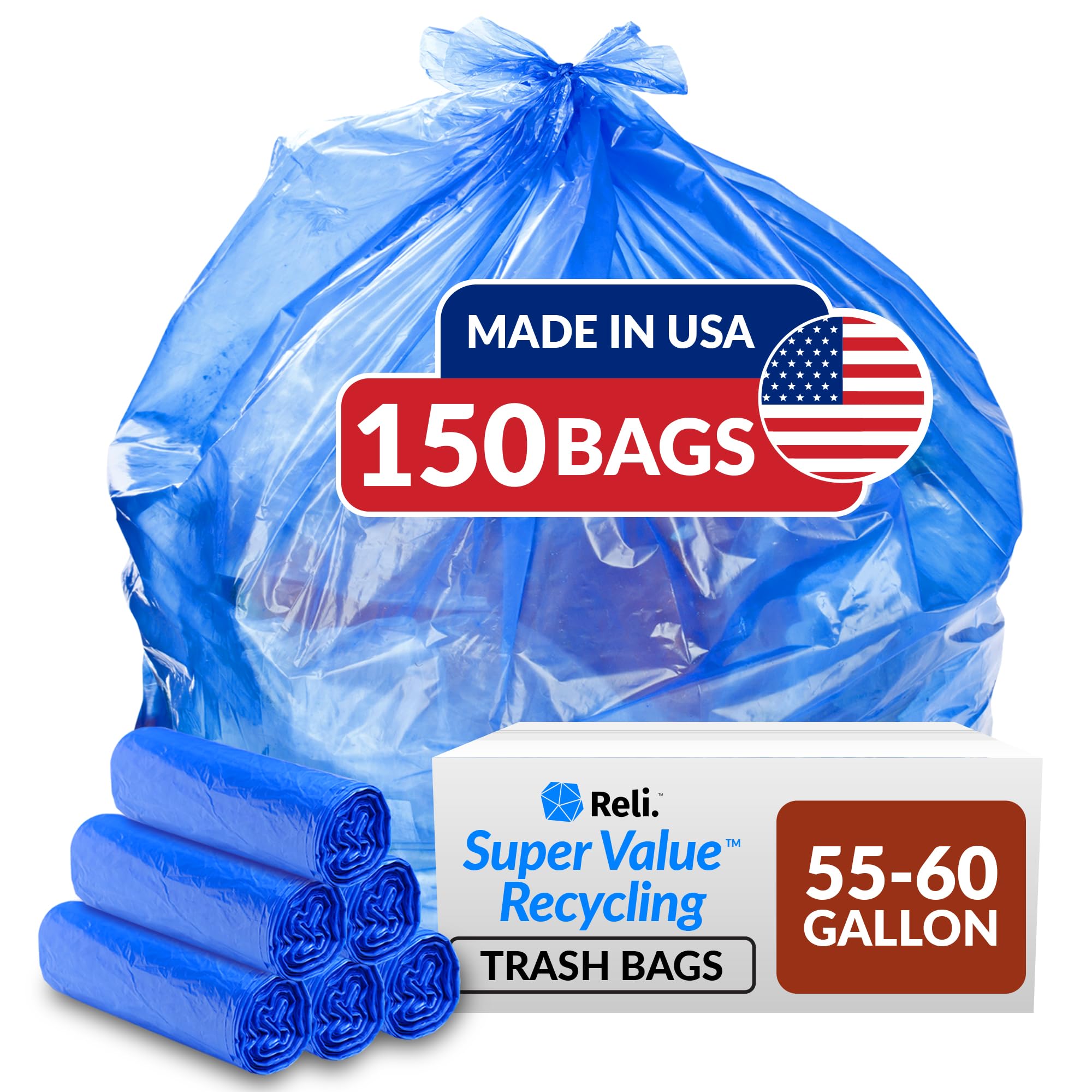 [150 Count] SuperValue 55-60 Gallon Recycling Bags, Blue Trash Bags