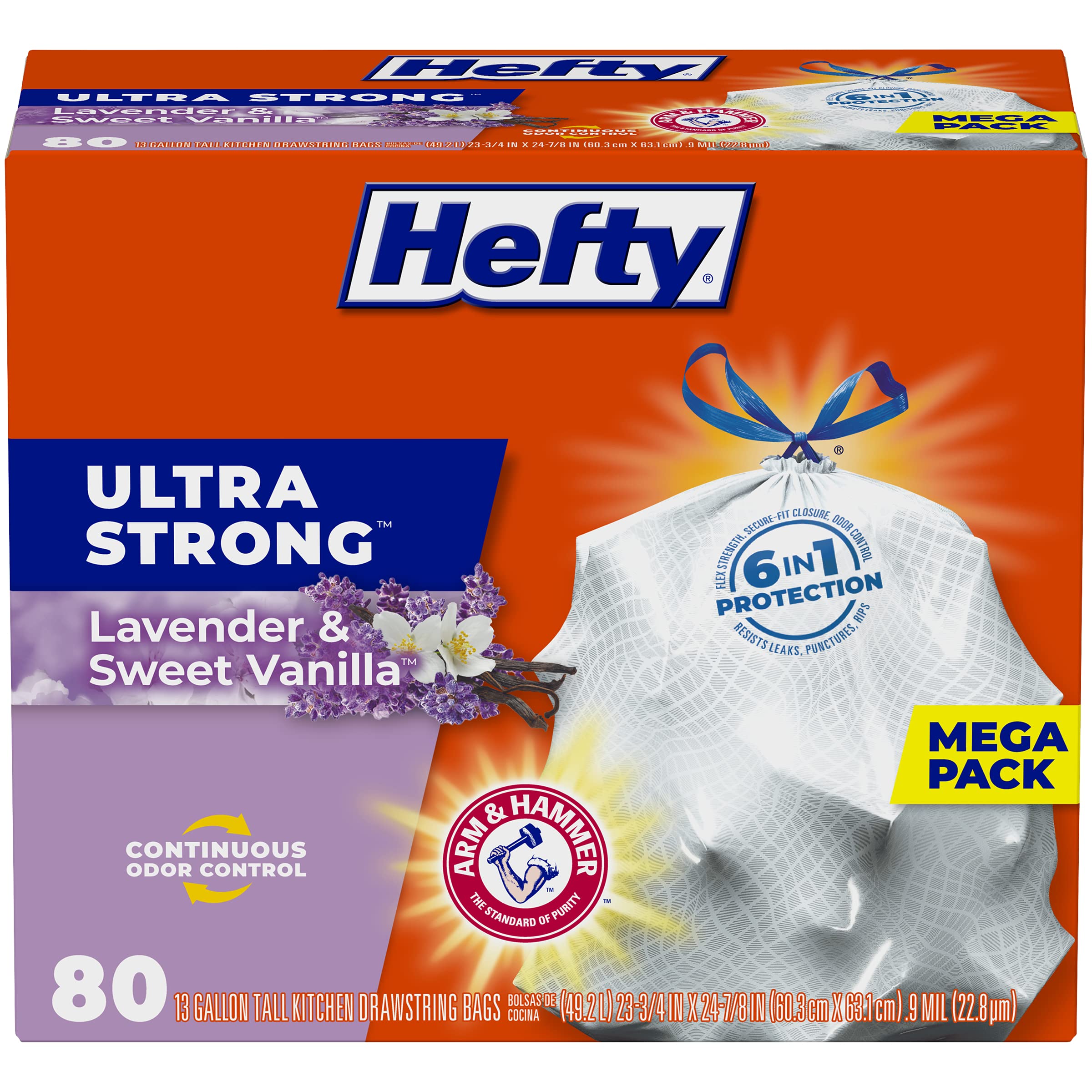 [80 Count] Hefty Ultra Strong Tall Kitchen Trash Bags, Lavender & Sweet Vanilla Scent, 13 Gallon