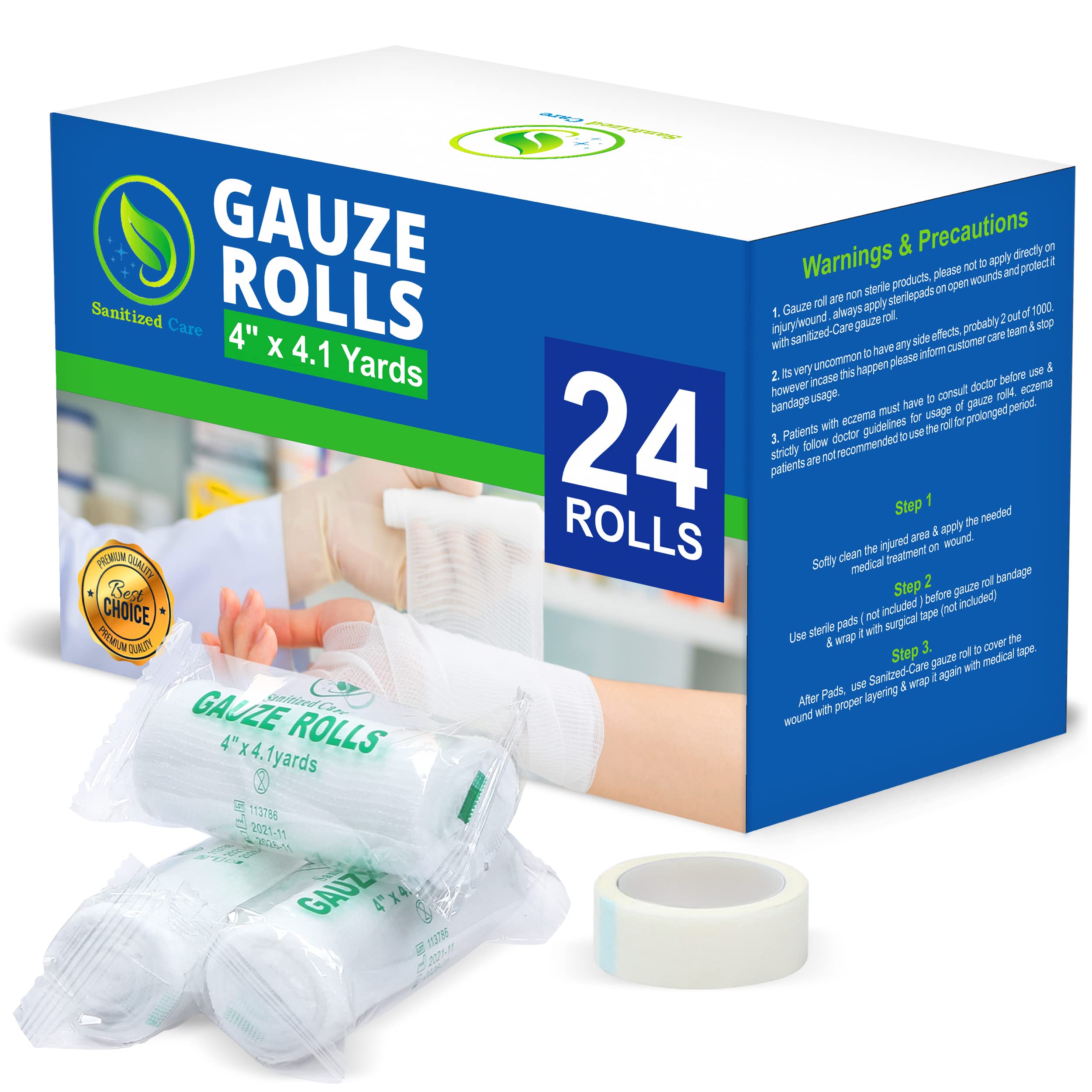 [24 Pack] Premium Gauze Rolls - 4" x 4.1 Yards Individually Wrapped, First Aid conforming bandages + Bonus Medical Tape