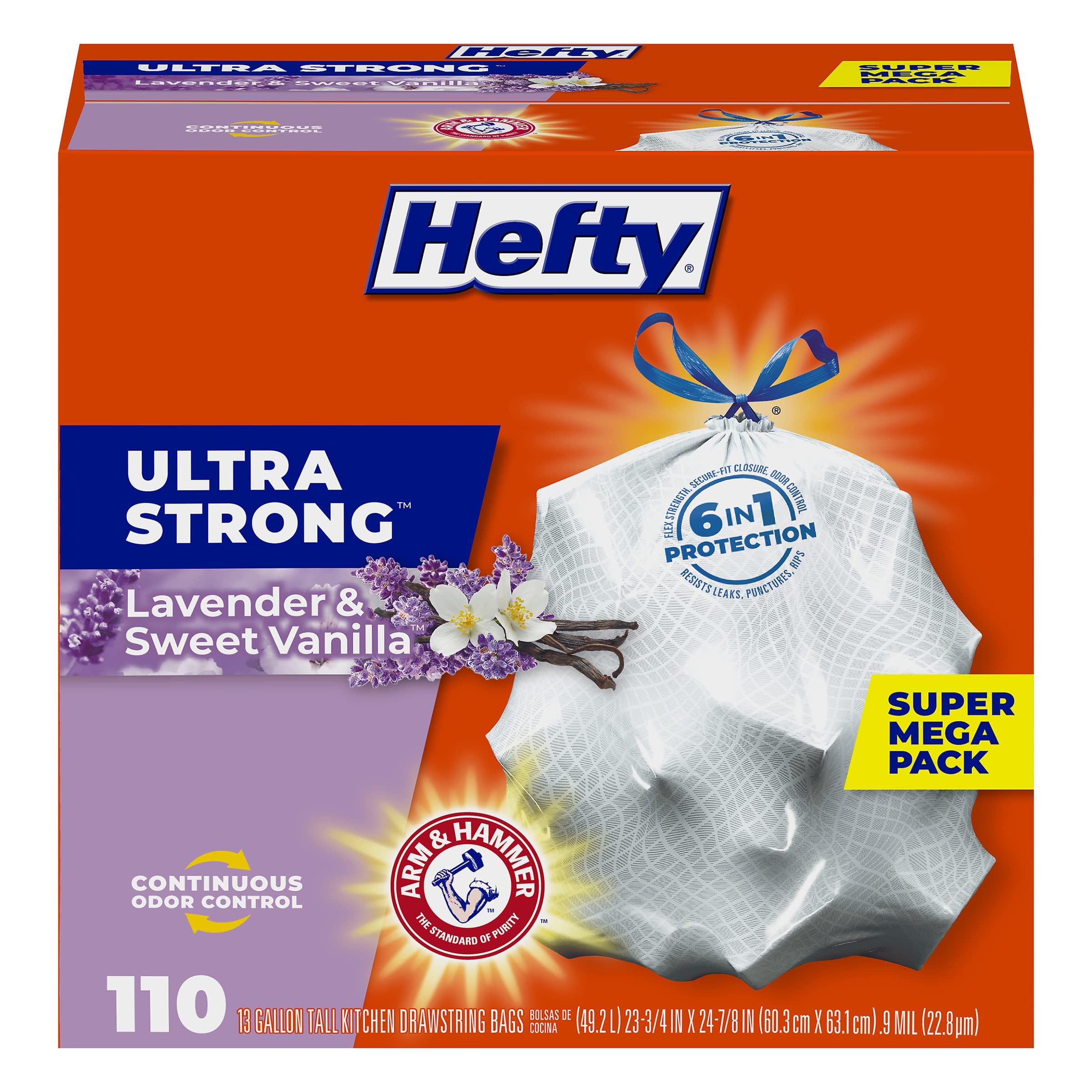 [80 Count] Hefty Ultra Strong Tall Kitchen Trash Bags, Lavender & Sweet Vanilla Scent, 13 Gallon