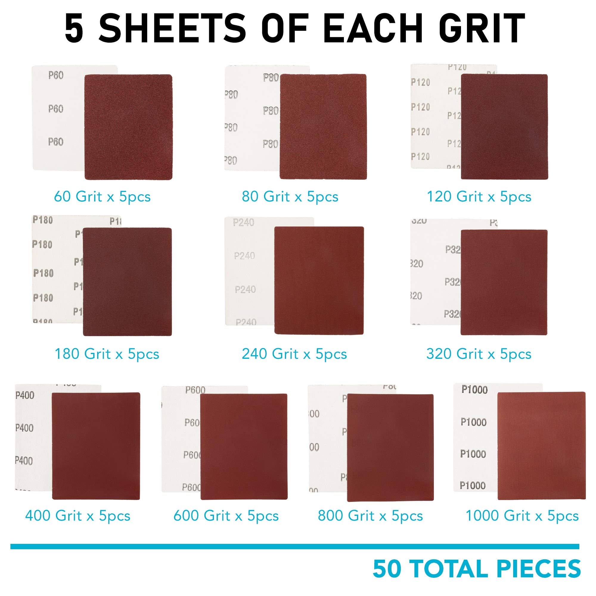 1/4 Sheet Sandpaper for Palm Sander, 50PCS, Plain Backing Sand Paper, 5.5”x 4.5”