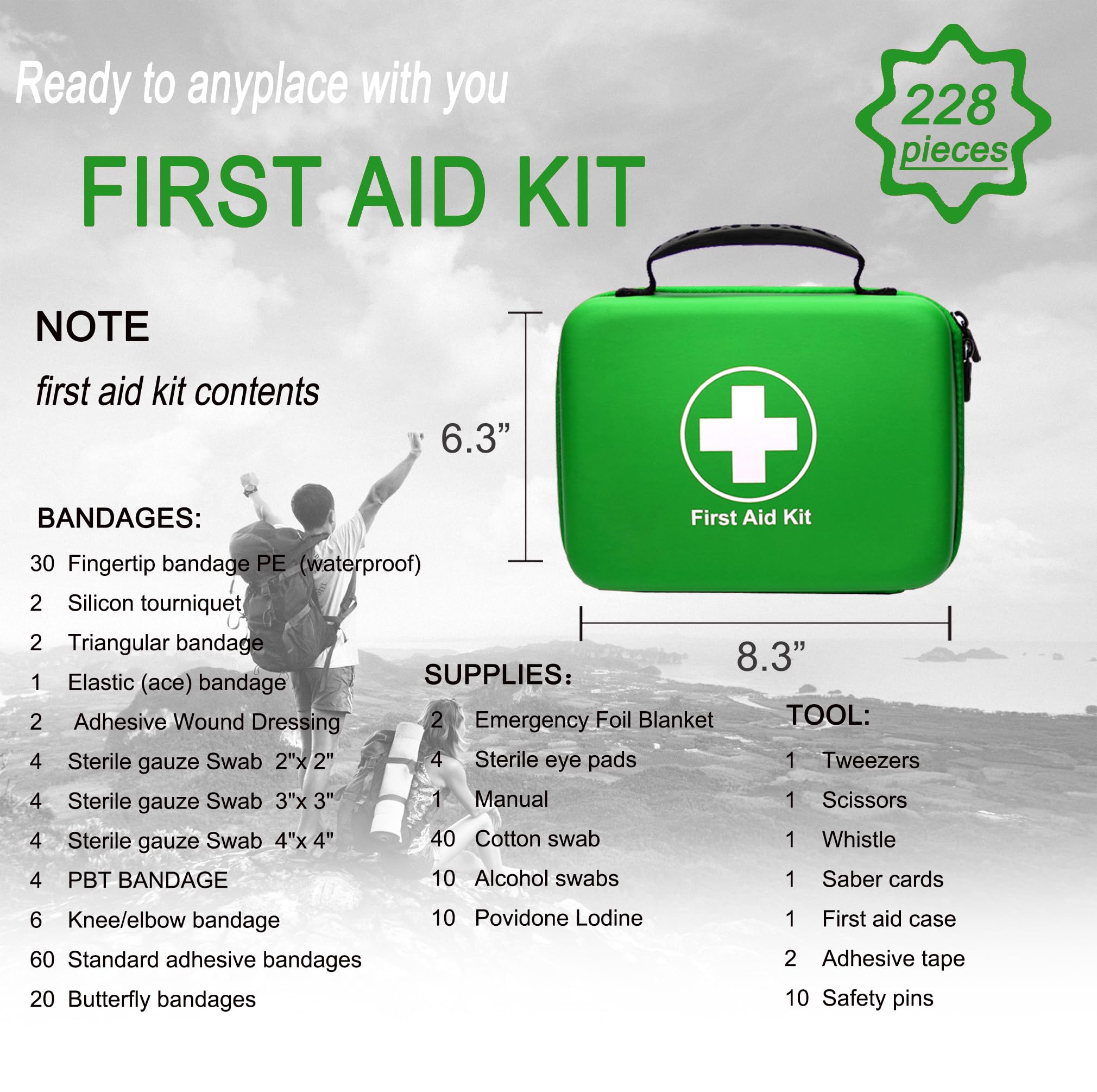SHBC Waterproof First Aid Kit (228pcs) with All Basic or Advanced Supplies You Need.