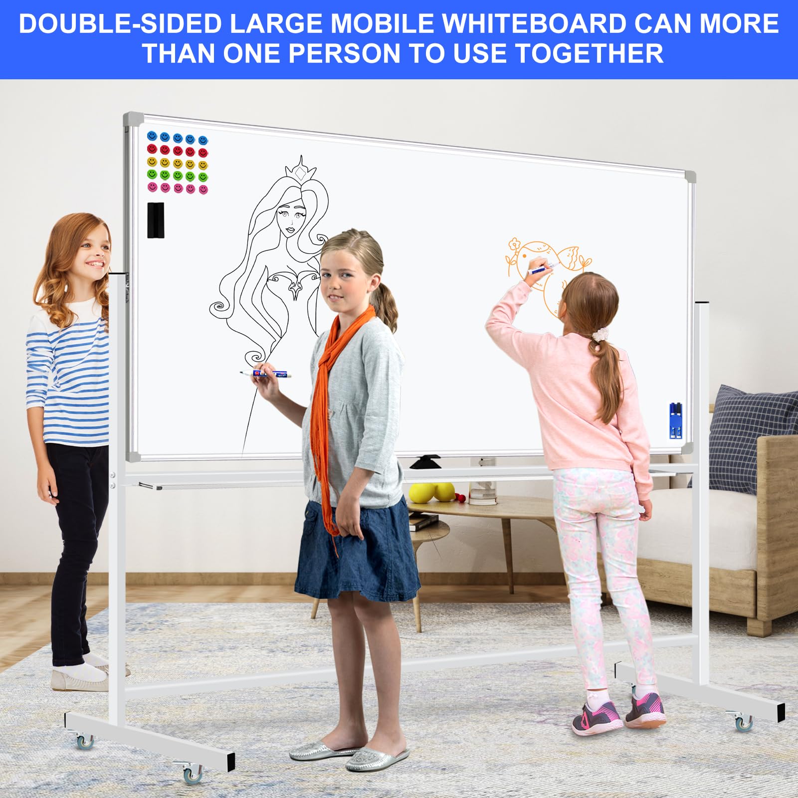 [1 Set] Large Double-Sided Mobile Magnetic Whiteboard with Stand
