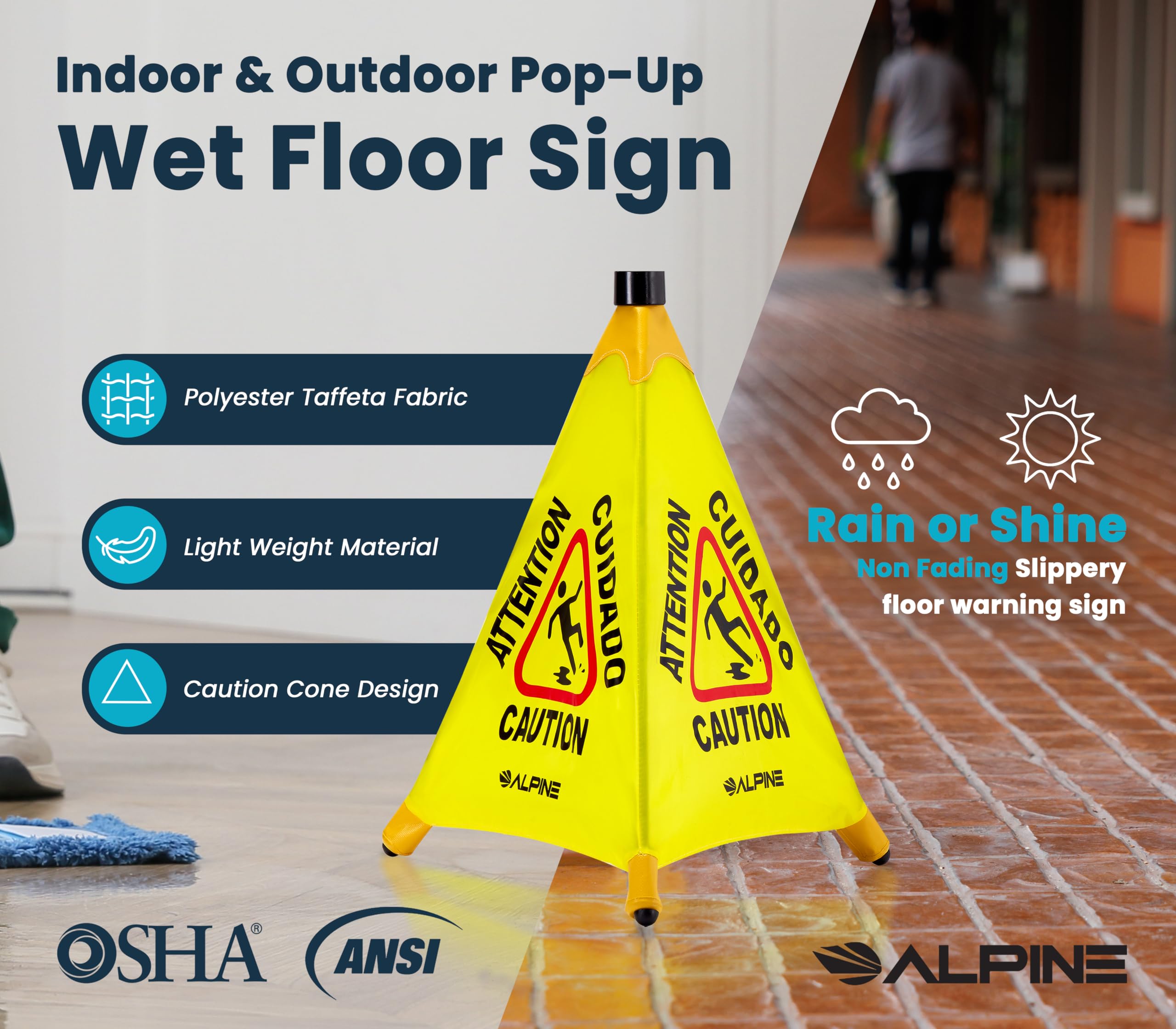 Pop-Up Wet Floor Sign - Portable Three Sided Caution Cone - 20/30 inches