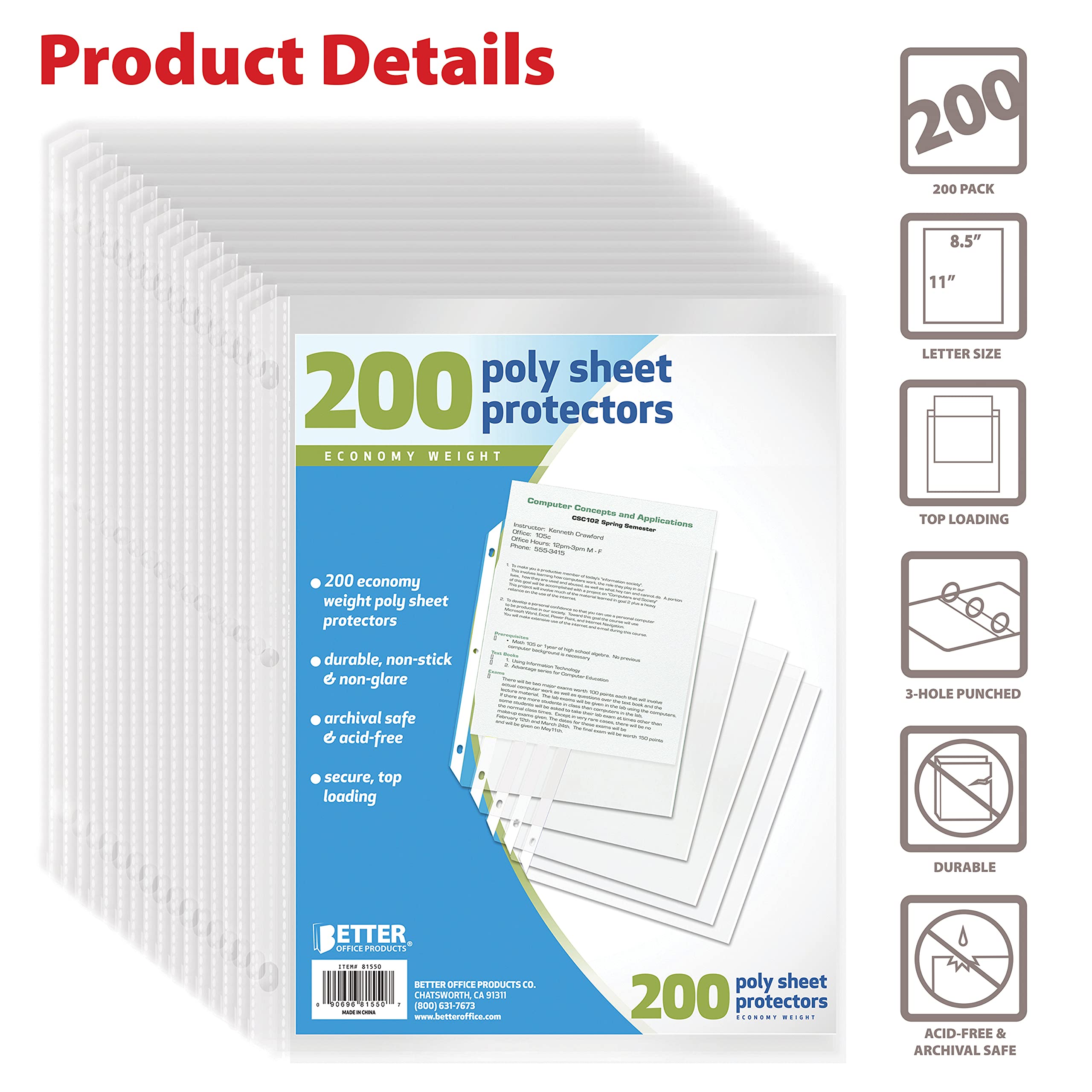 [200 Pack] Better Office Products Sheet Protectors