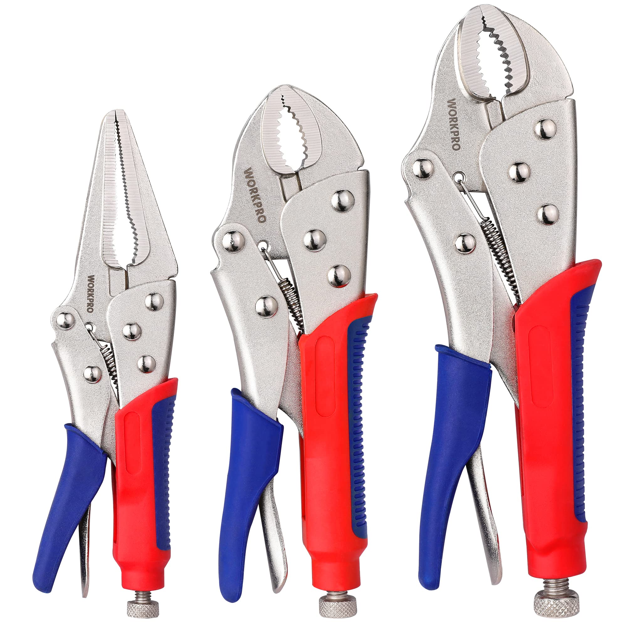 3-piece Locking Pliers Set, 10-inch Curved Jaw, 7-inch Curved Jaw and 6-1/2-inch Straight Jaw