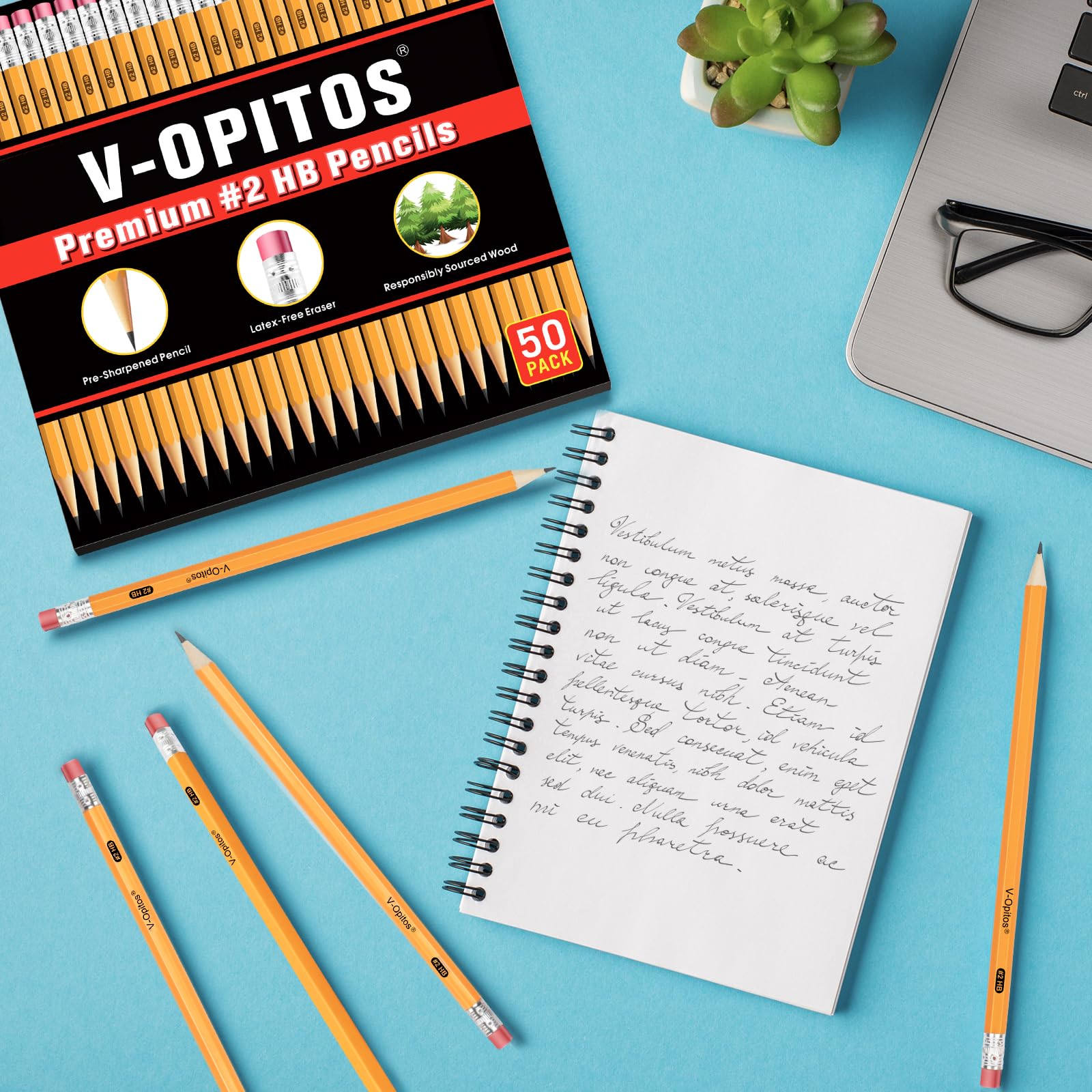V-Opitos Wood-Cased #2 HB Pre-Sharpened Pencils with Top Erasers, 320 Pack / 50 Pack