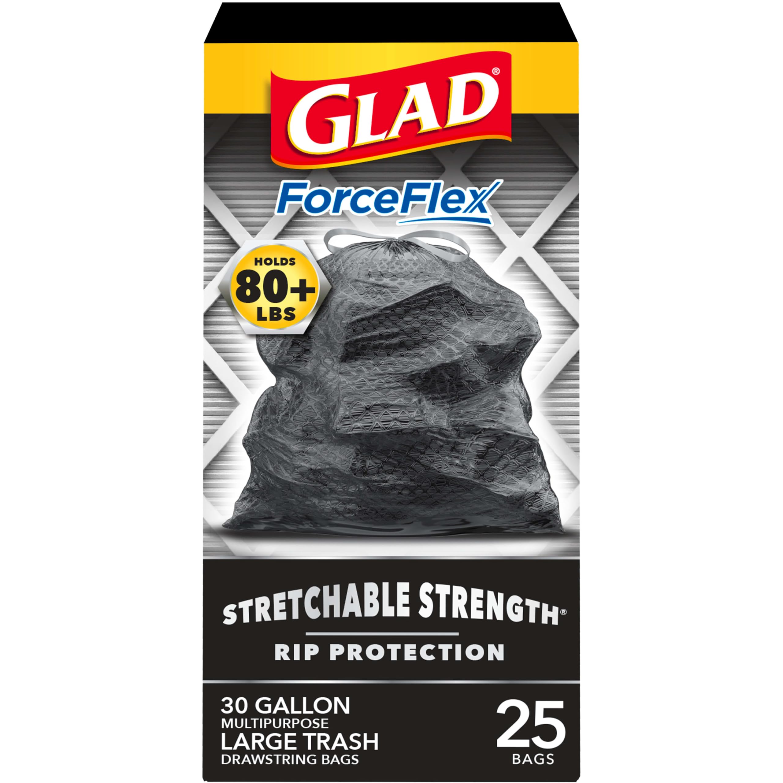 Glad Large Drawstring Trash Bags, ForceFlex 30 Gallon Black Trash Bags, 25/50/68 Count