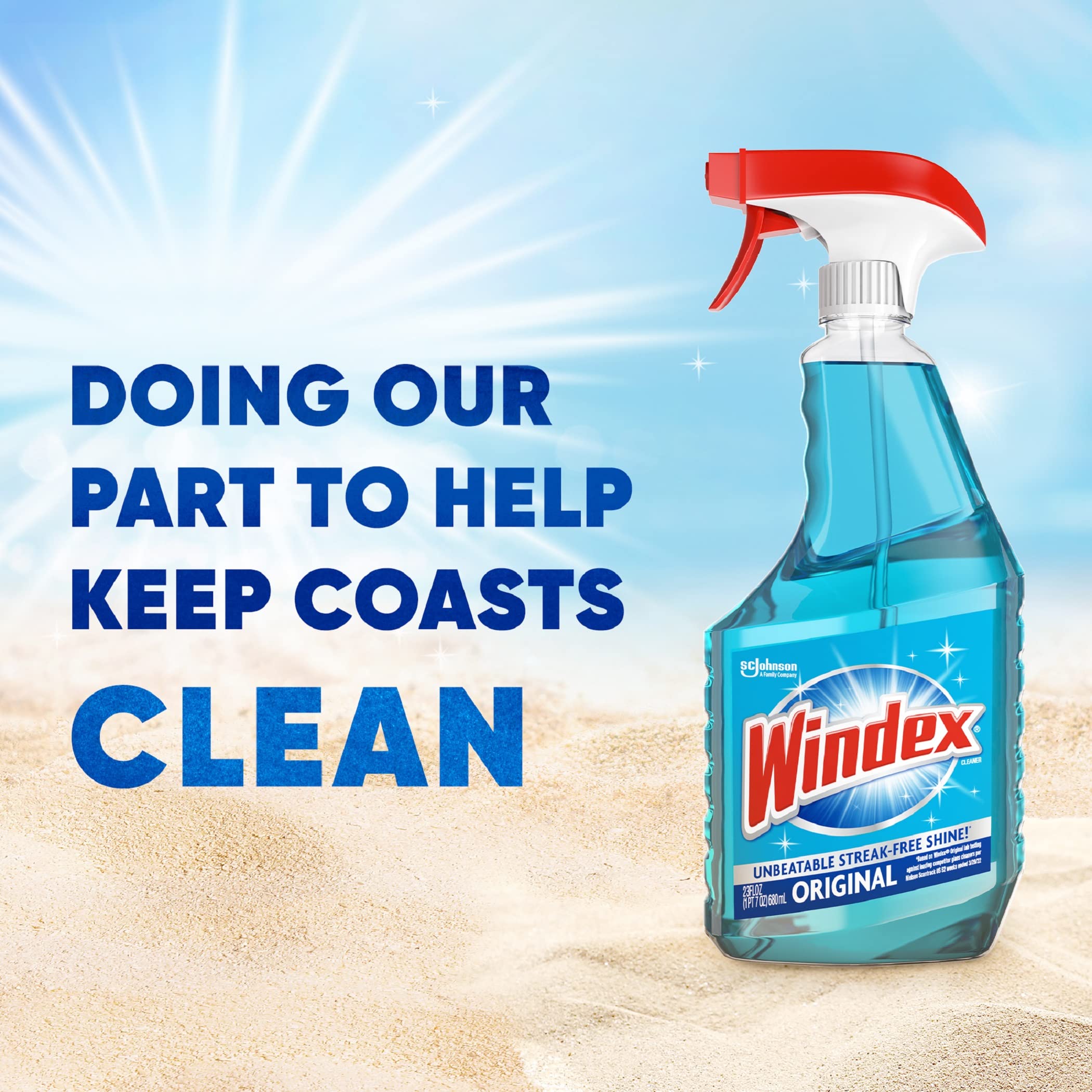 Windex Glass Cleaner Spray,  Made from 100% Recovered Coastal Plastic, 23 Fl Oz, Pack of 6