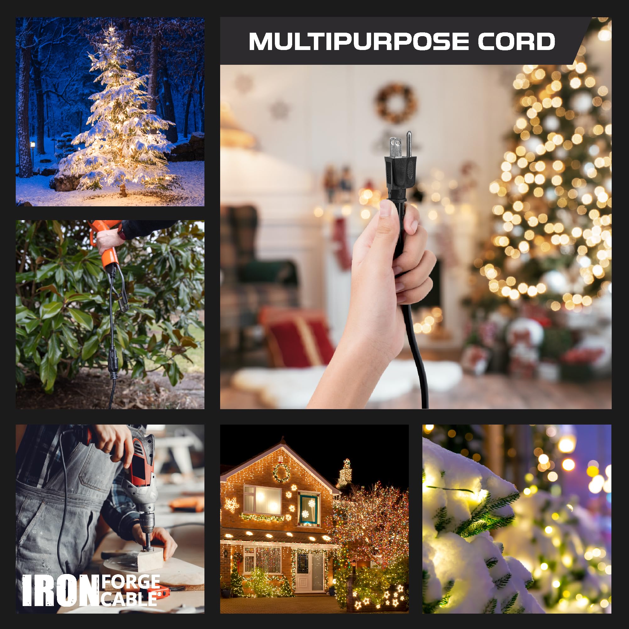 Weatherproof Outdoor Extension Cord, 16/3 SJTW Heavy Duty Black Extension Cord 3 Prong, 13 Amp Exterior Power Cable