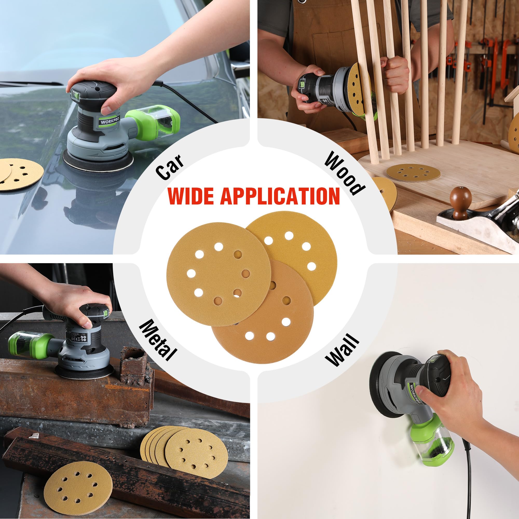 WORKPRO 150-piece Premium Sanding Discs Set, 5" 8 Holes Hook and Loop Sandpaper