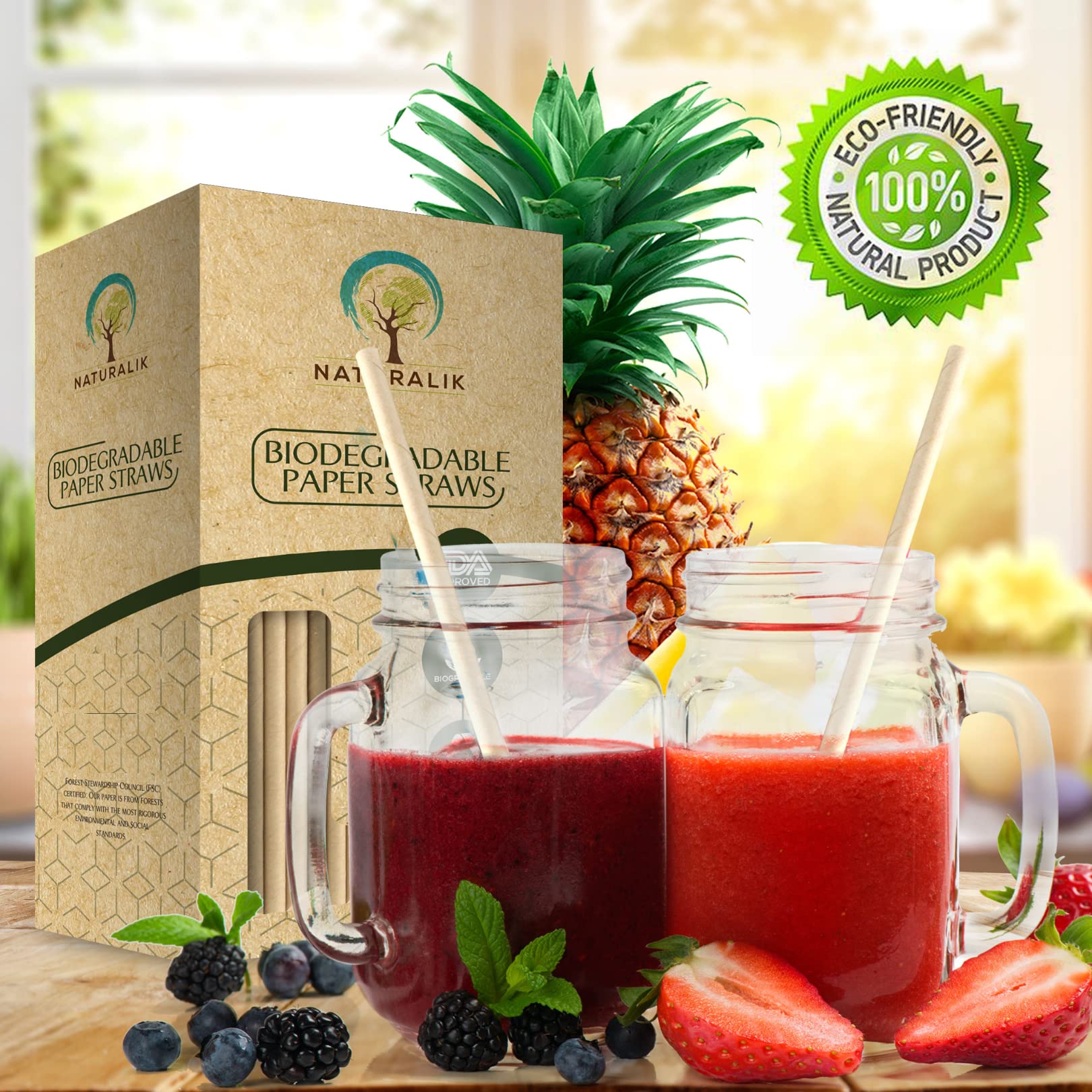 [1000 CT] Biodegradable Extra Durable Dye-Free, Eco-Friendly Brown Paper Straws