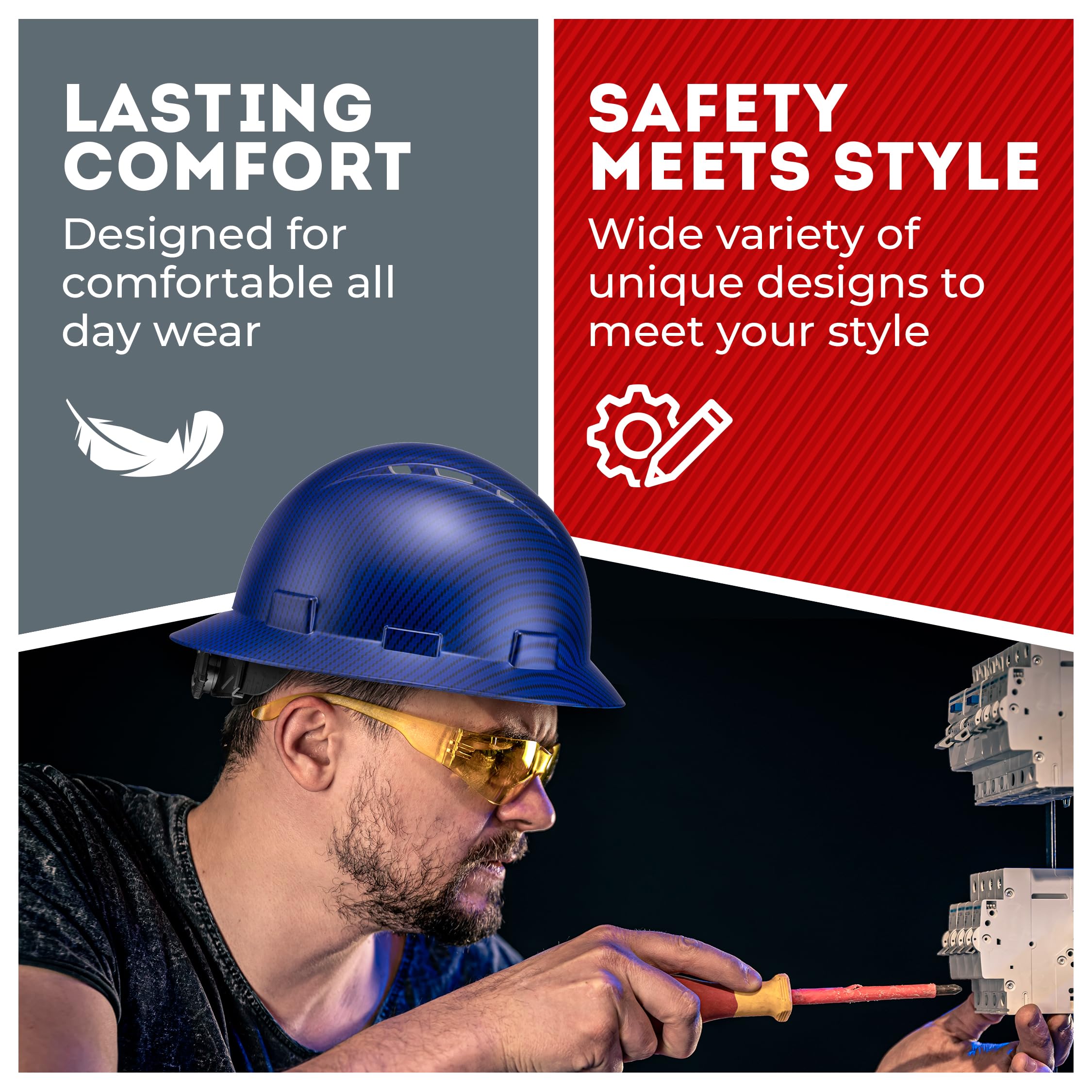 [1 PC] Full Brim Vented Carbon Fiber Matte Finish OSHA Hard Hat with 6-Point Suspension