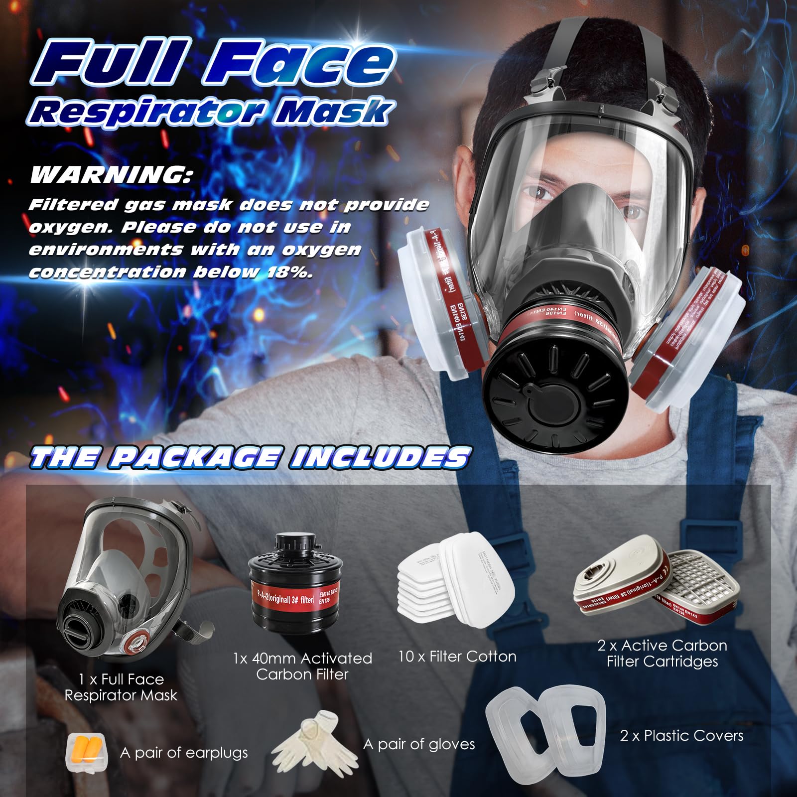 [1 PC] Full Face Gas Mask with 40mm & 6001 Activated Carbon Filter