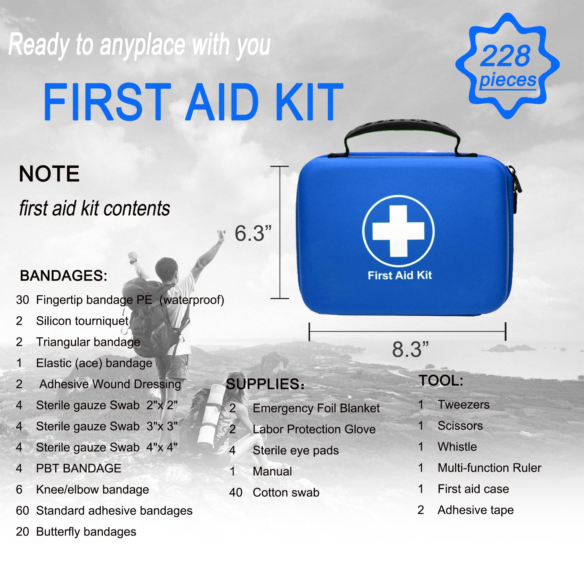SHBC Waterproof First Aid Kit (228pcs) with All Basic or Advanced Supplies You Need.