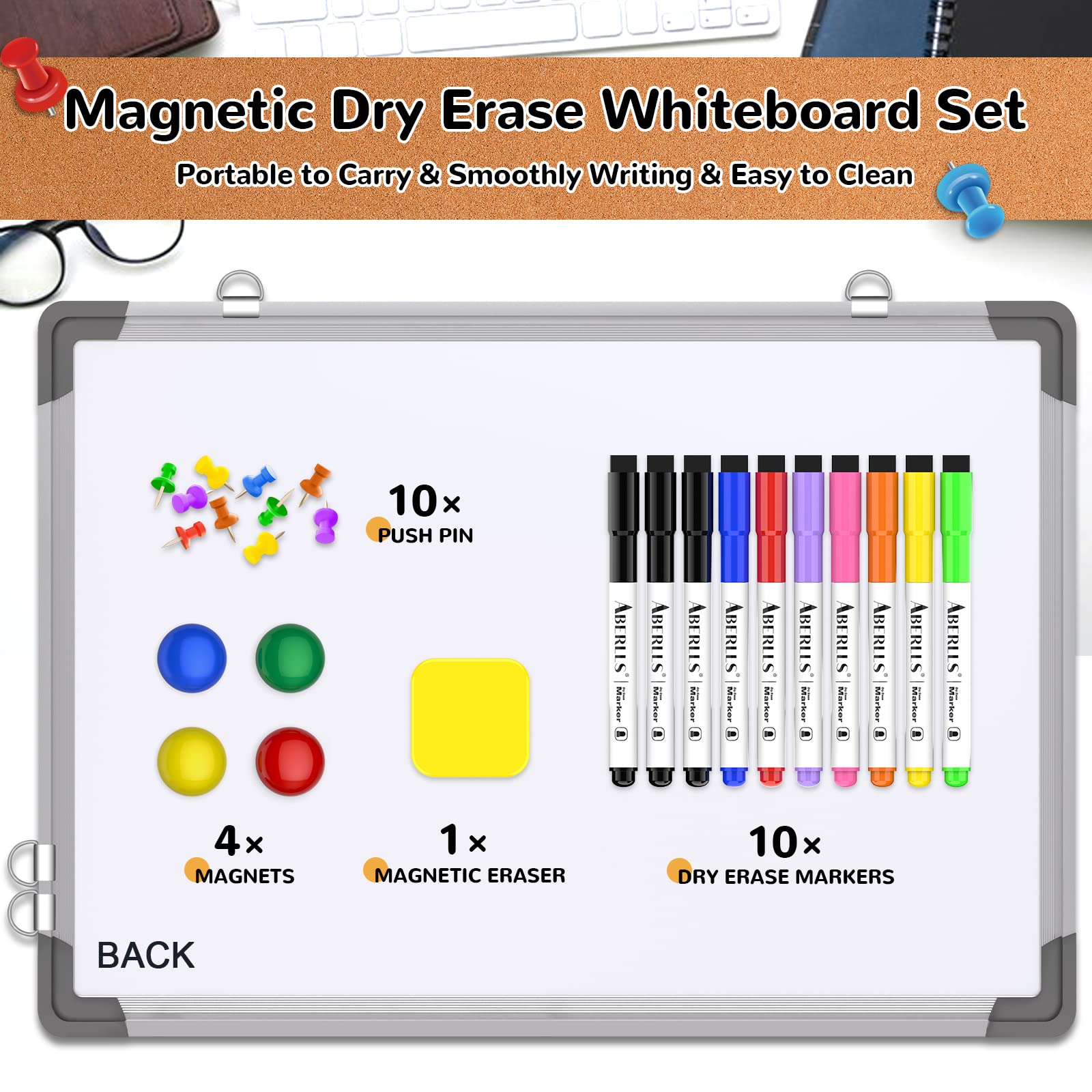 [1 Set] Double-Sided Monthly Calendar Whiteboard with Cork Strip, 17" x 13"