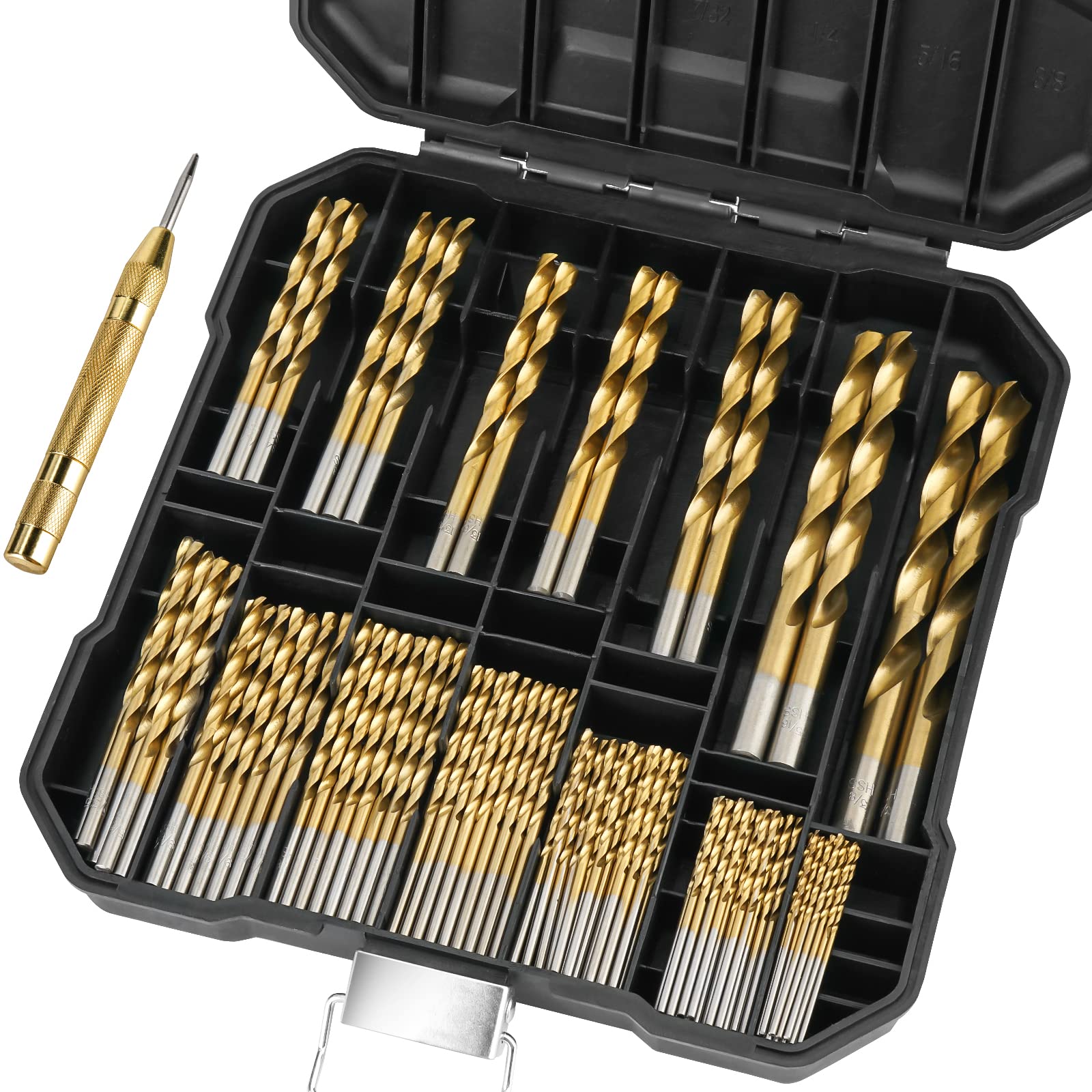 99PCS Titanium Coated Drill Bit Set, 135 Degree Tip HSS Bits Kit, Size from 1/16" to 3/8"