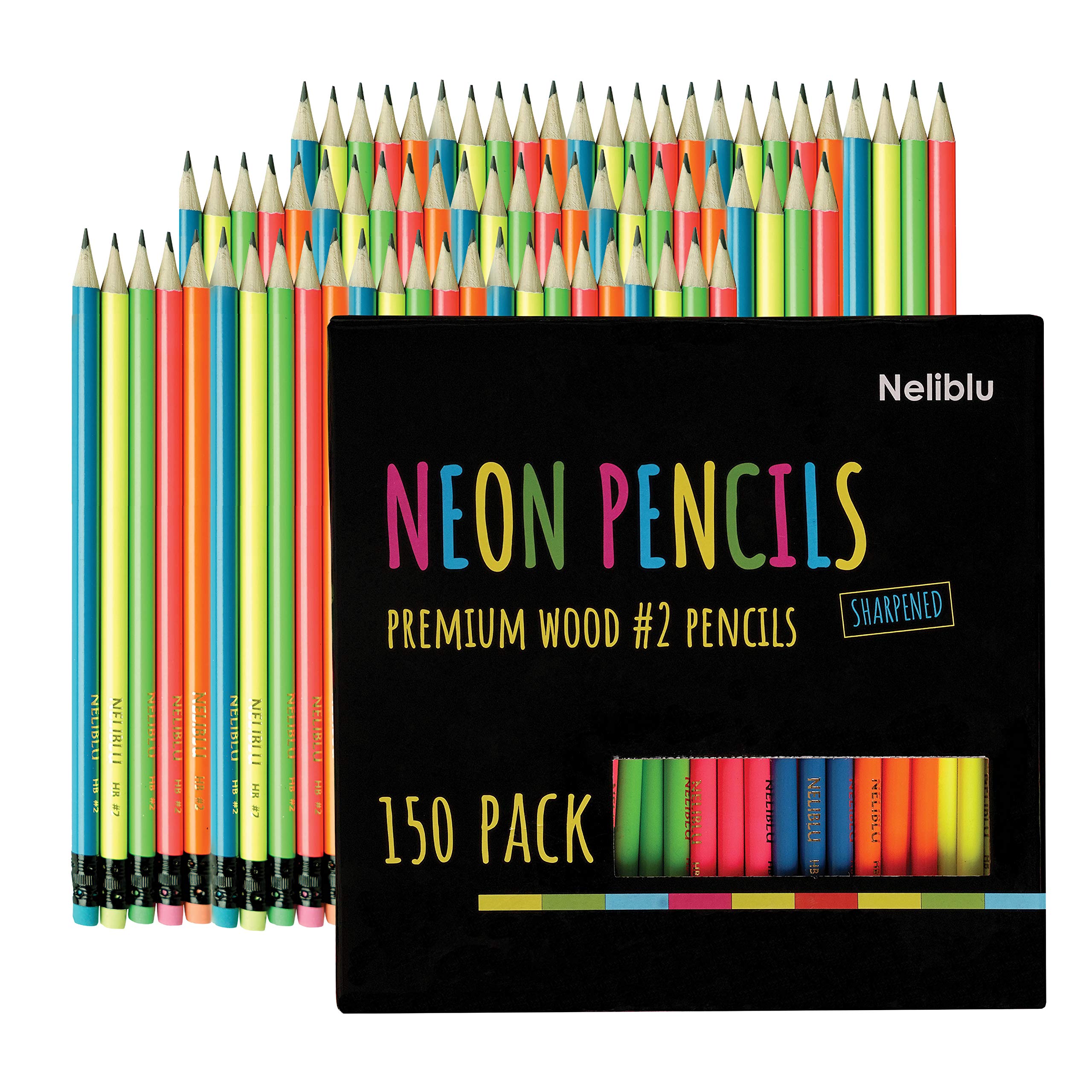 [150 Pack] Premium Quality Neon #2 Sharpened Wood Pencils In Bulk