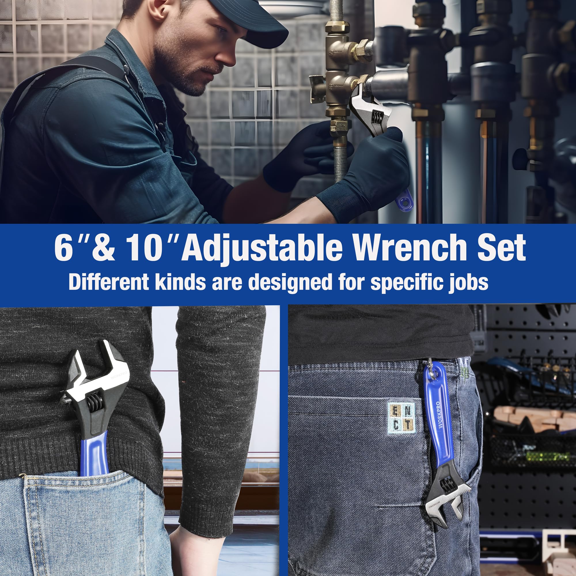 6/8/10 Inch Adjustable Wrench, Cr-V Steel Wrench, Wide Jaw Black Oxide Wrench, Metric & SAE Scales, for Home, Garage, Workshop and DIY