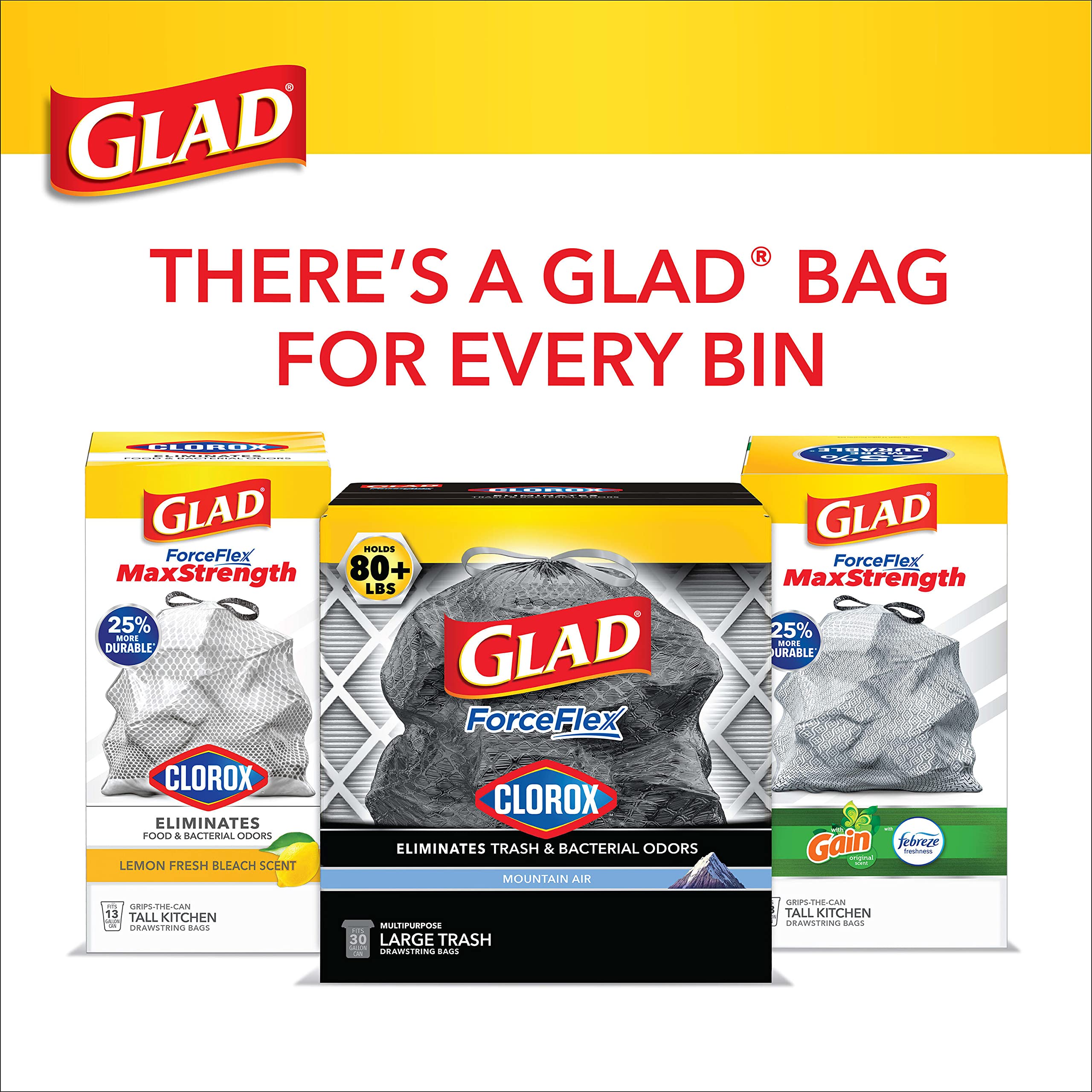 Glad Large Drawstring Trash Bags, ForceFlex 30 Gallon Black Trash Bags, 25/50/68 Count