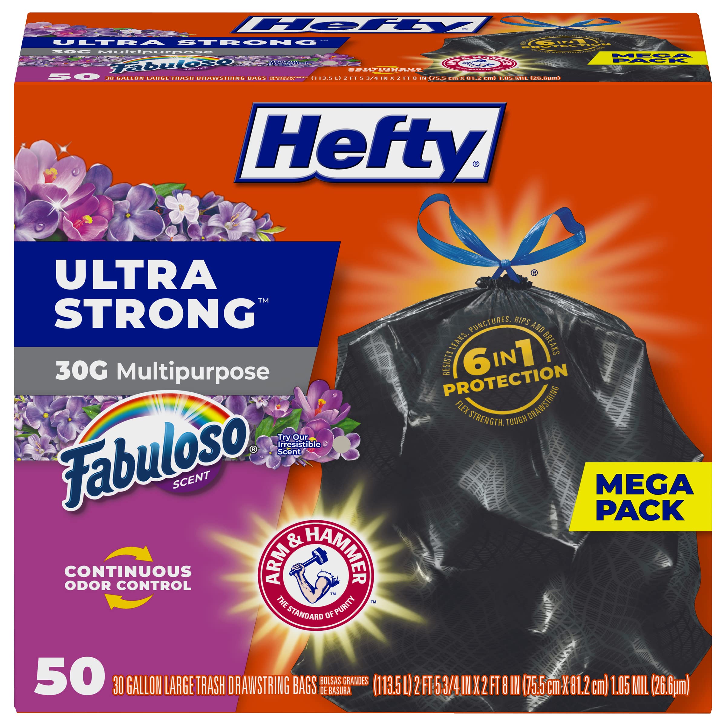 Hefty Ultra Large Trash Bags, Black, Fabuloso Lemon Scent, 30 Gallon, 50ct