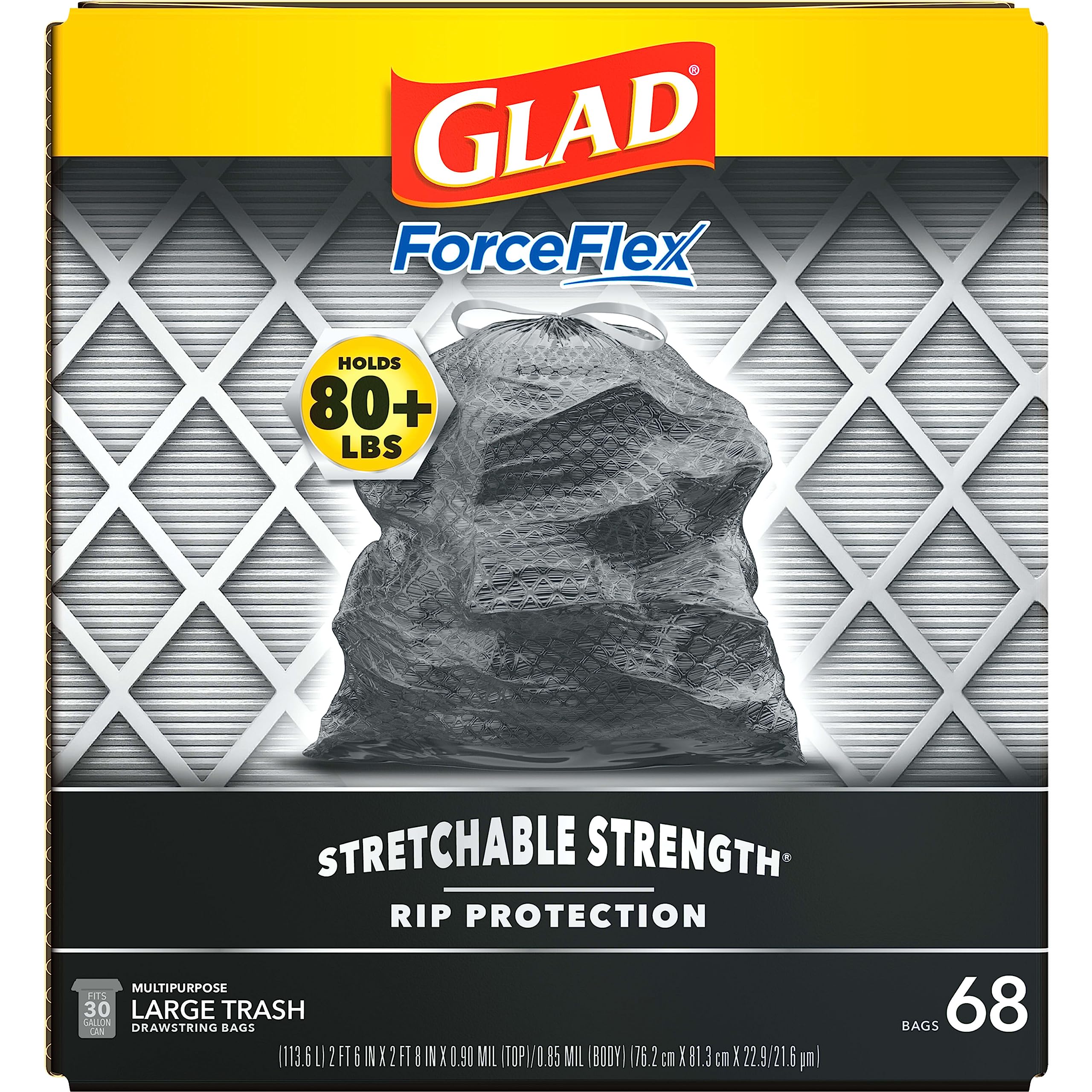 Glad Large Drawstring Trash Bags, ForceFlex 30 Gallon Black Trash Bags, 25/50/68 Count