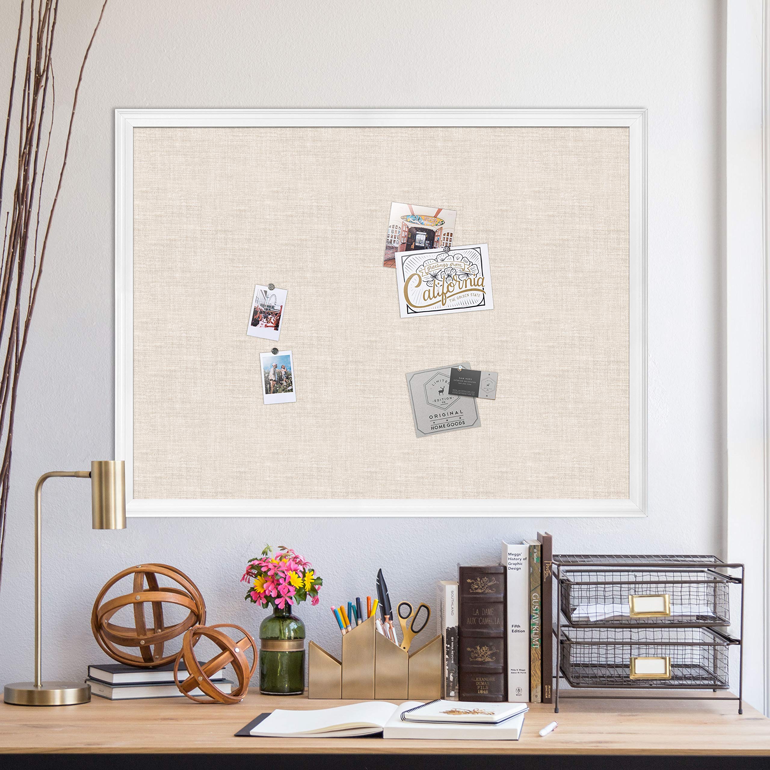 [1 PC] Linen Bulletin Board with White Wood Frame, 23" x 17"