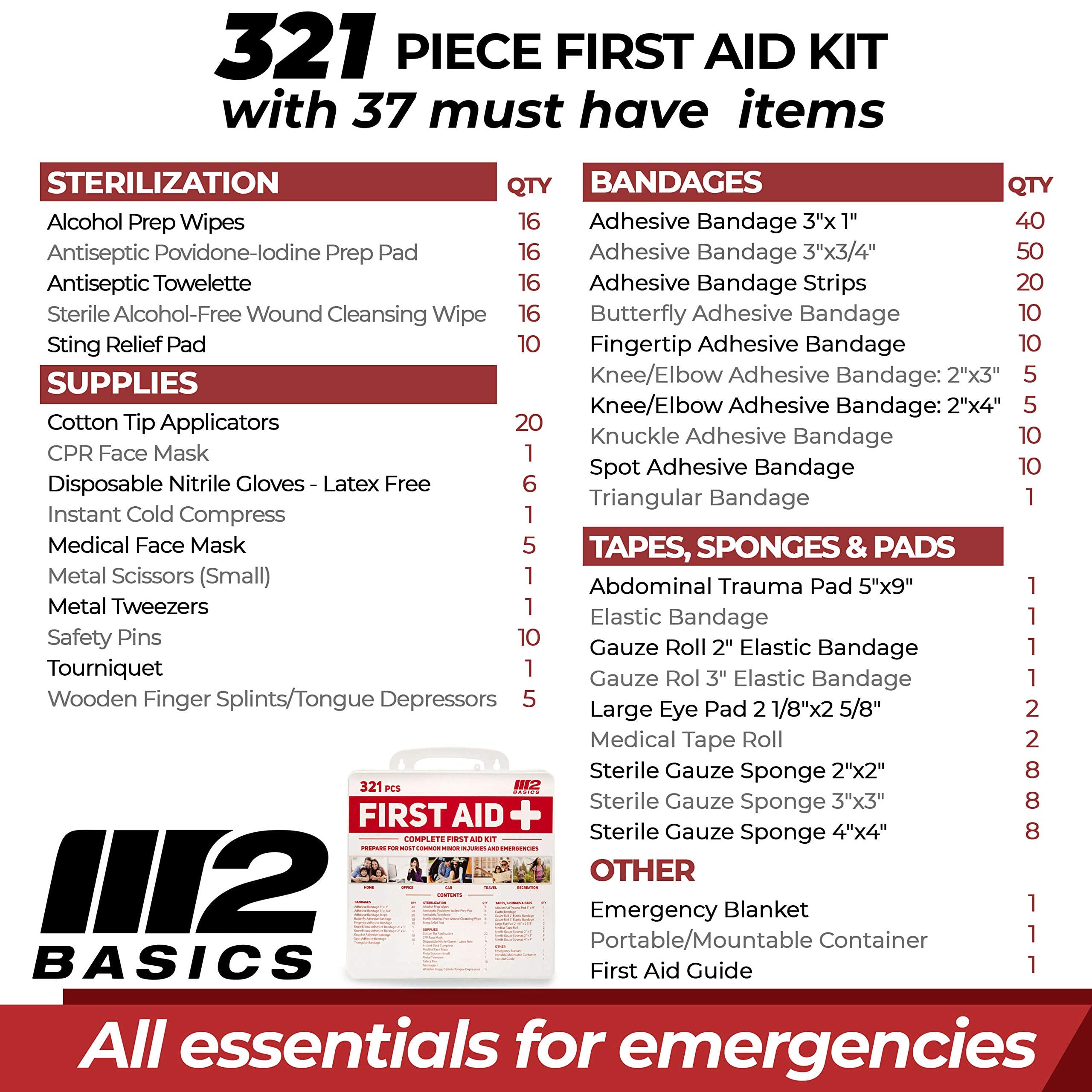 M2 BASICS Complete 321 Piece Emergency First Aid Kit